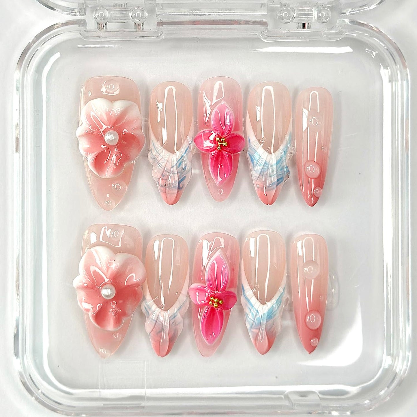 Luxury Press on Nails Medium Almond Handmade 3D Unique Reusable ABS Material Fake Nails Pink&White False Nails with Designs Pink Flower Water Drop Art Petal Glossy Glue on Thick Acrylic Nails(S)