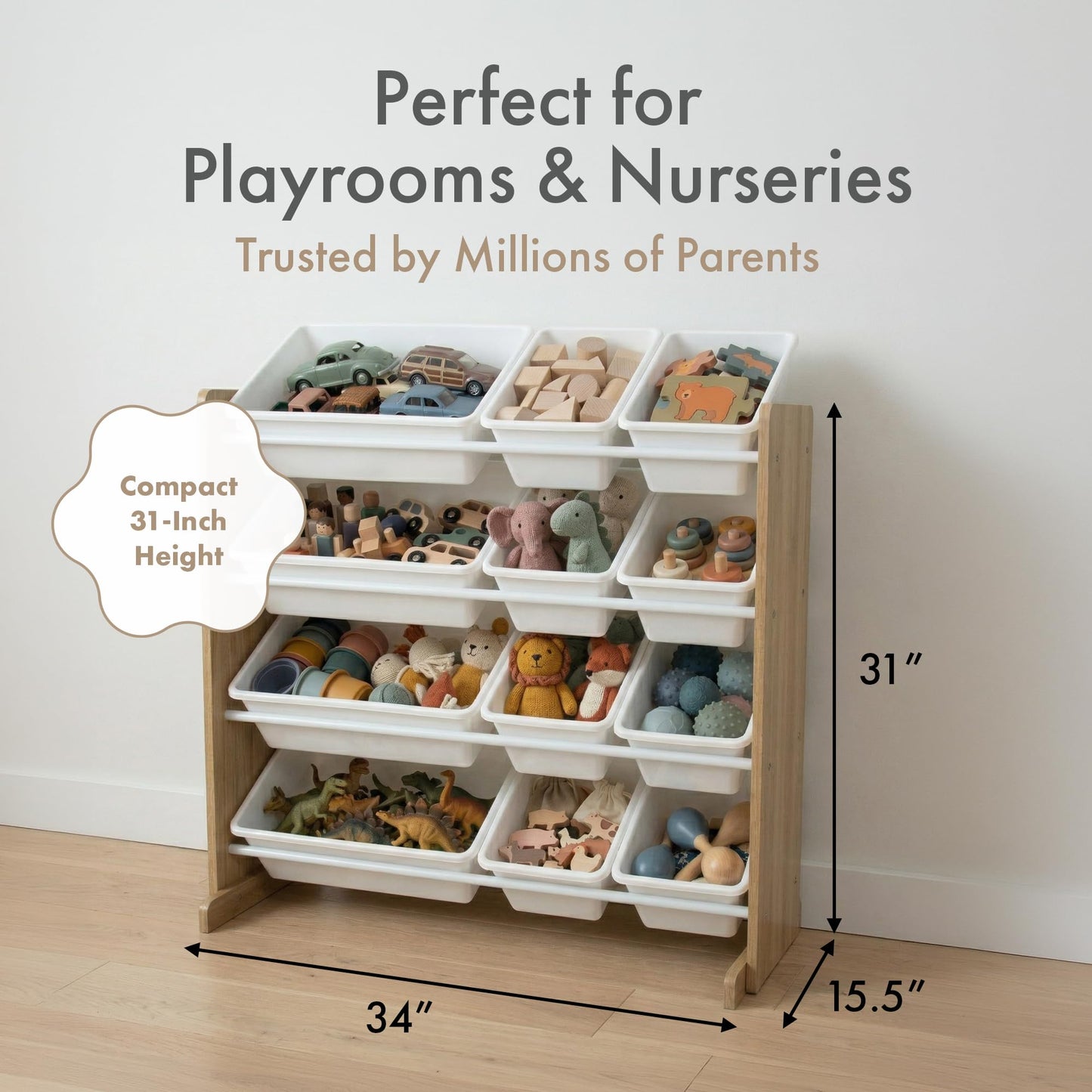 Humble Crew Toy Storage Organizer with 12 Removable Storage Bins for Kids Playroom, 4-Tier Toddler Toy Organization, Natural Wood/White