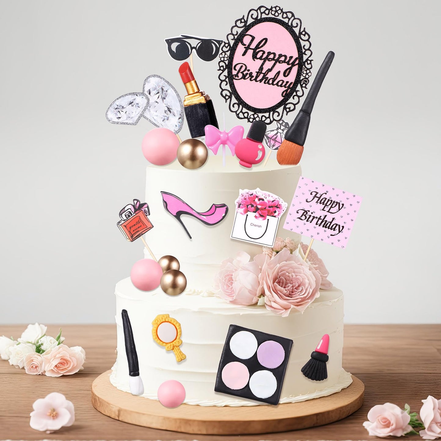 Beeveer 42 PCS Makeup Cake Topper Decorations Cosmetics Theme Bridal Cake Topper Party Lipstick Perfume Picks for Bridal Shower Birthday Partys