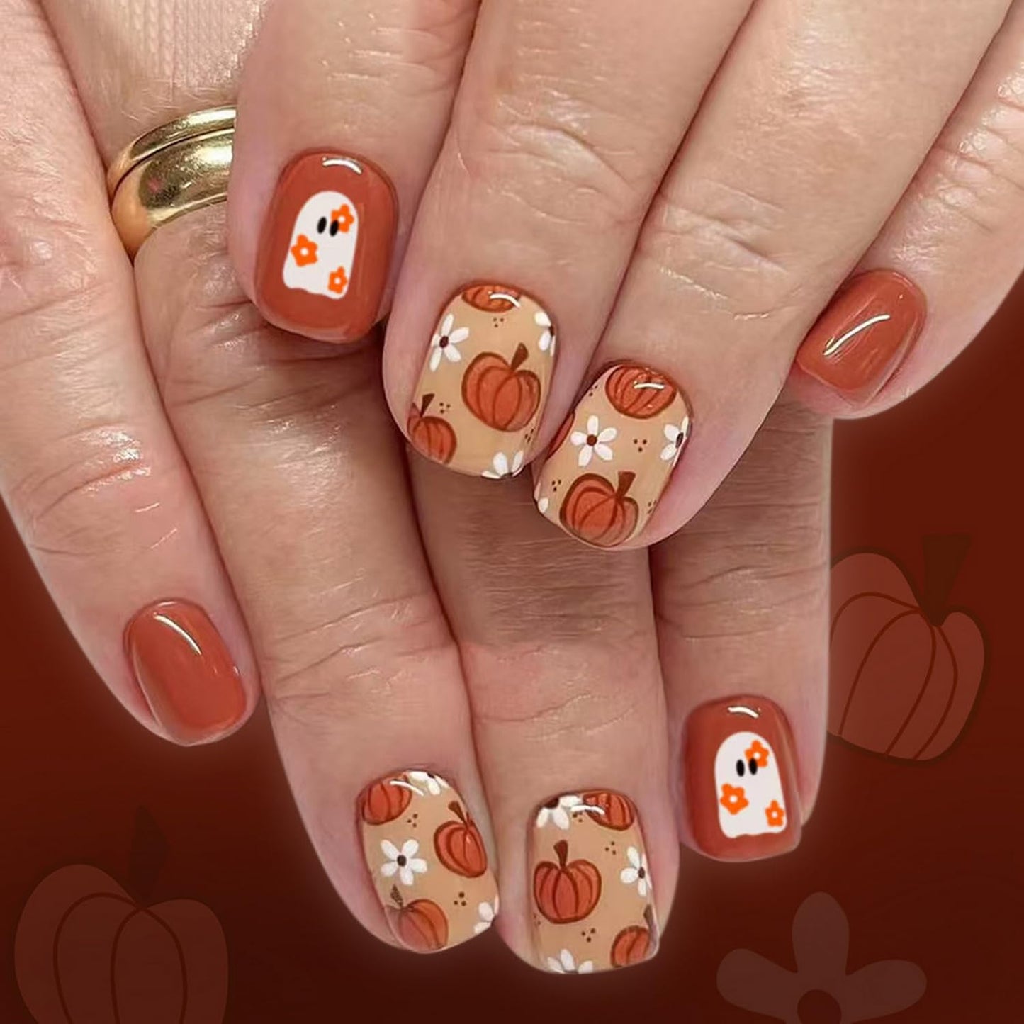 Short Halloween Press on Nails Square Fake Nails with Pumpkin Flower Ghost designs Stick on Nails Glossy Full Cover Fall False Nails Orange Glue on Nails for Women Cute Nail Decorations24pcs