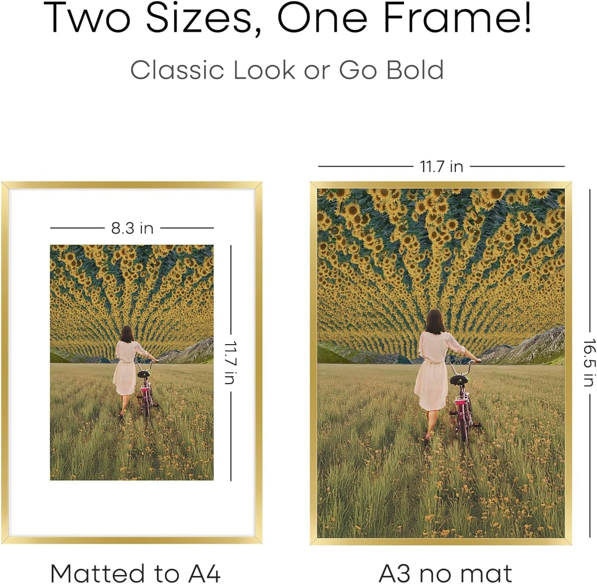 Homeforia A3 Picture Frame Gold, High End Metal 11.7 x 16.5 inch Poster Frames with Mat 8.3 by 11.7 for Photo, A3 Size Frames Matted to A4 Print, 11.7x16.5 Wall Hanging Frame, Tempered Glass, Set of 1
