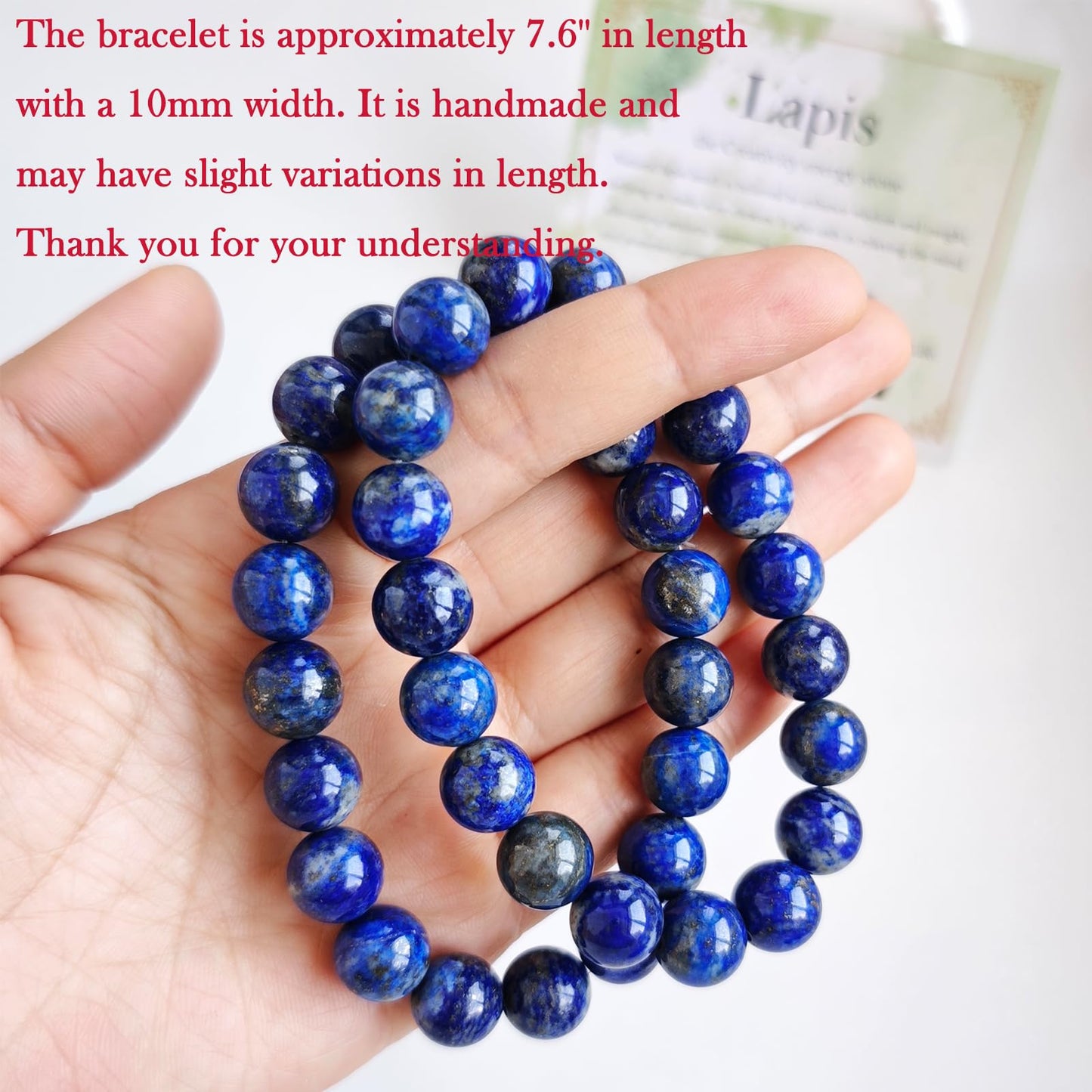 Handmade Natural Gemstone Elastic Bracelet - Healing Crystal Beads Jewelry, Unisex (Lapis Lazuli, 10mm)