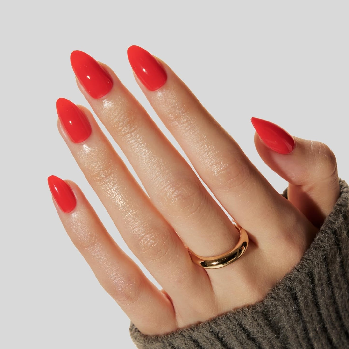 LAMIMOSA 32Pcs Press On Nails Short Almond – Solid Bright Red Fake Nails in 16 Sizes, Soft Gel Glue on Nails, Spring Summer False Nails with Glue, Orange Red Stick On Nails, CHILLI