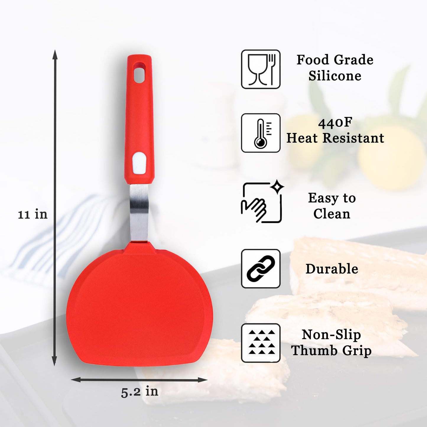Dalup Enterprises Wide Silicone Pancake Spatula – Large Heat-Resistant Turner for Cooking | Nonstick Safe | Stainless-Steel Reinforced Core & Easy-Grip Handle