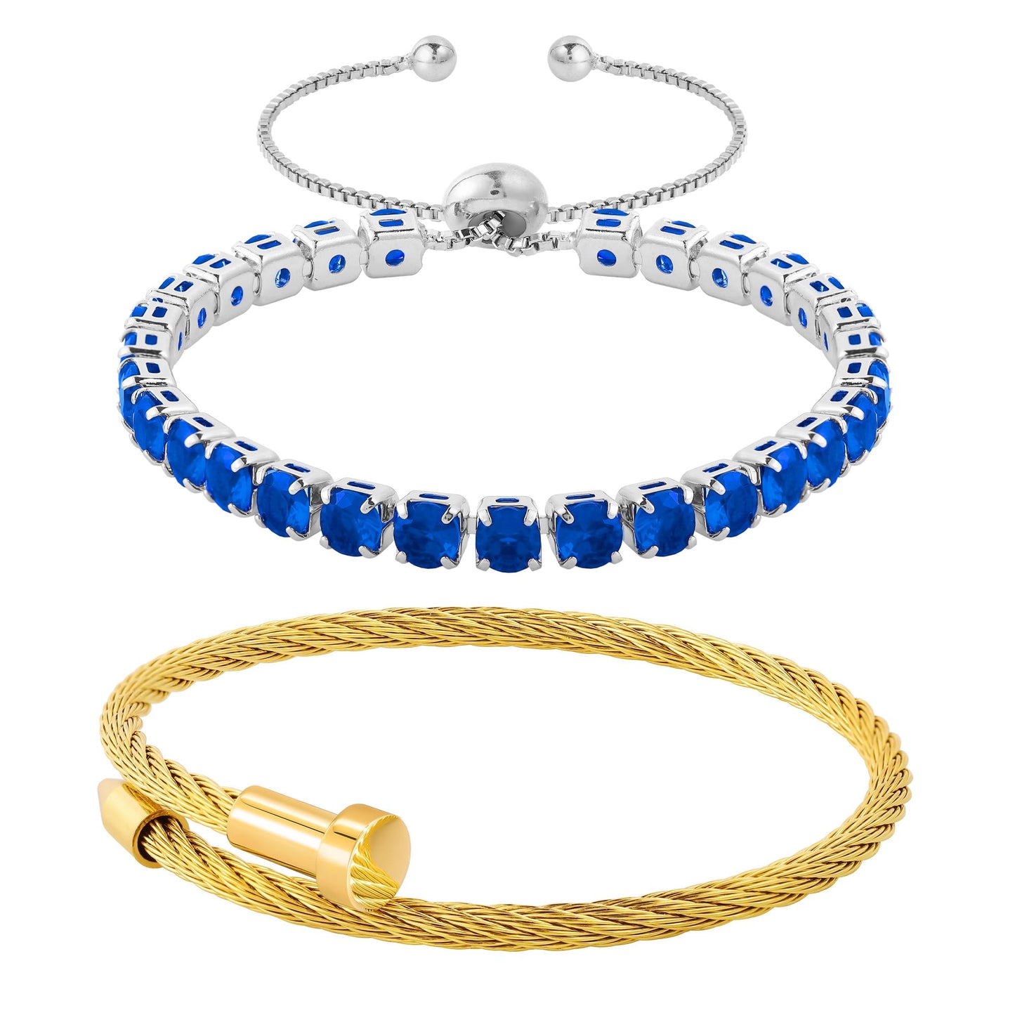 LCTrusttmor Gahna 2PCS Gold/Silver Plated Nail Bangle & Tennis Bracelet Set for Women, Stackable Blue Cubic Zirconia Adjustable Bangle Jewelry, Dainty Mother’s Day Birthday Gift for Women