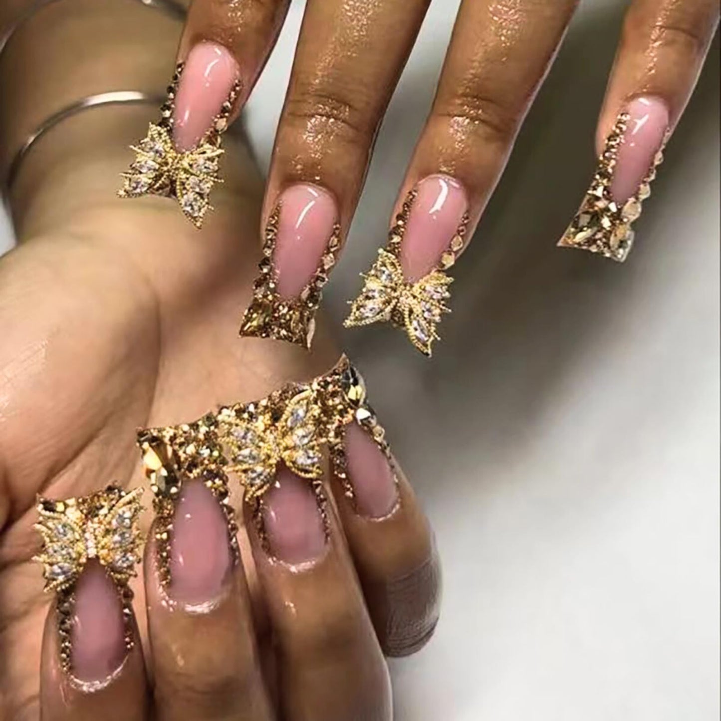 French Tip Junk Press on Nails Short Duck Square Fake Nails with Butterfly Charms Designs False Baddie Nails Cute Rhinestones Stick on Nails for Women 24Pcs (Designs, gold buterfly)