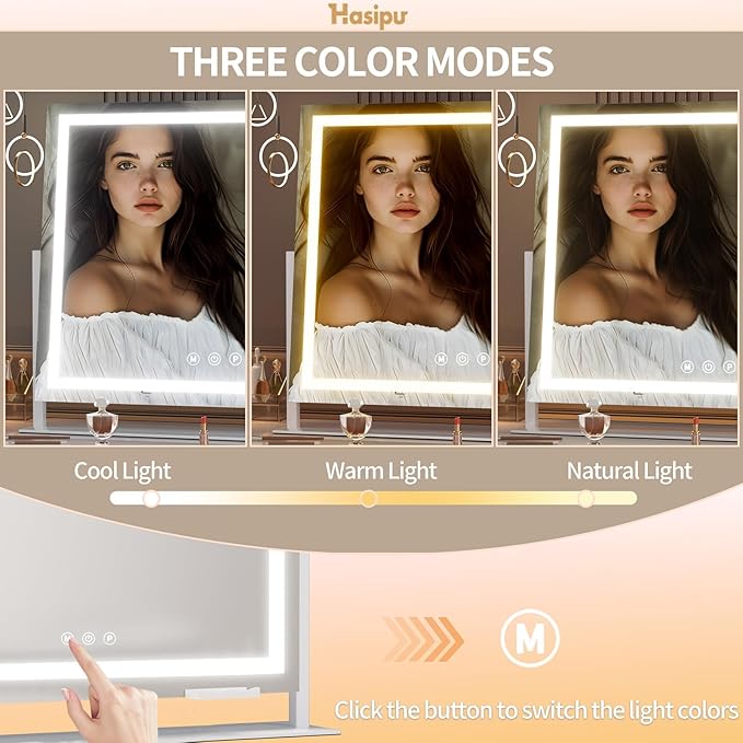 Hasipu Vanity Mirror with Lights, 28" x 20" LED Makeup Mirror, Light up Mirror with 10X Magnification and Phone Holder, USB Charging Port, Smart Touch 3 Colors Dimmable, 360° Rotation (White)
