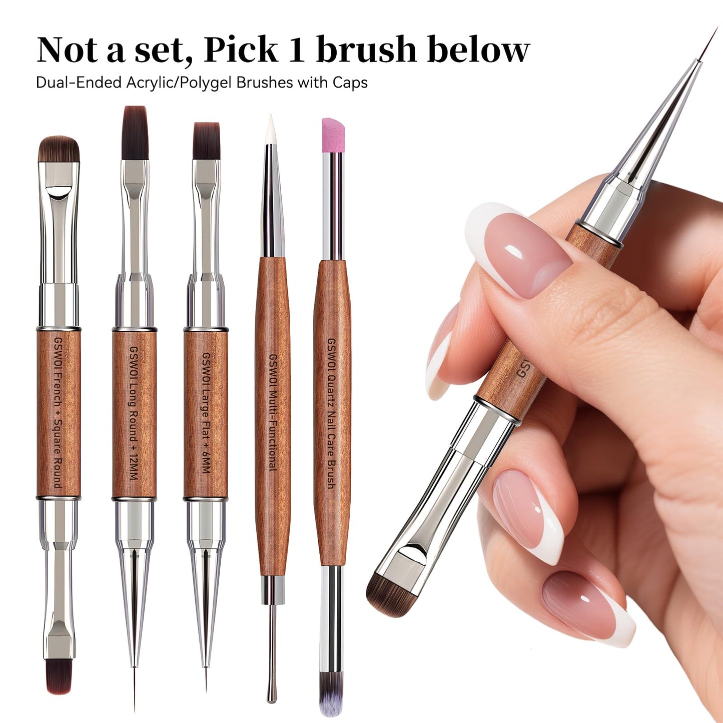 GSWOI Dual Head Acrylic Nail Brush-French Tip & 9mm Liner with Cleaning Brush for Builder Gel,Polygel & Design-Wood Handle & Metal Caps
