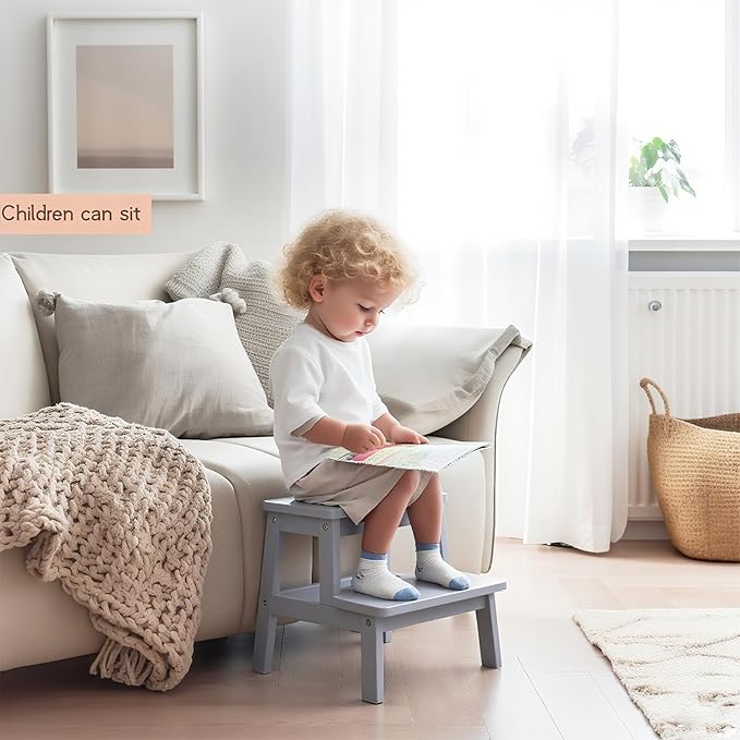Adult & Child Wooden Two Step Stool ，Stepping Stool，Kids Step Stool Kitchen Step Stools for Bathroom– Perfect for Kitchen, Bathroom, Bedrooms & More (Grey)
