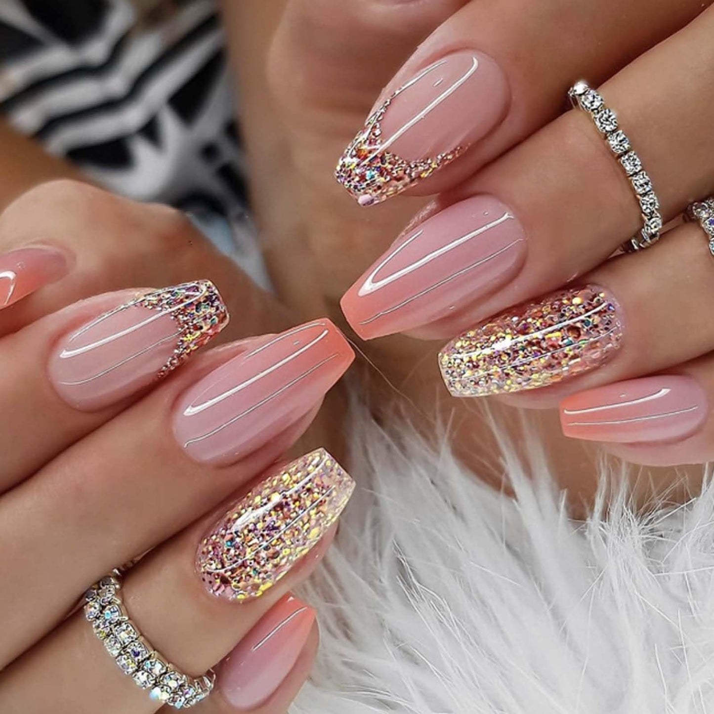 DANMANR Press on Nails Sequins False Nails Art Full Cover Acrylic Coffin Orange Medium Fake Nails for Women and Girls 24PCS