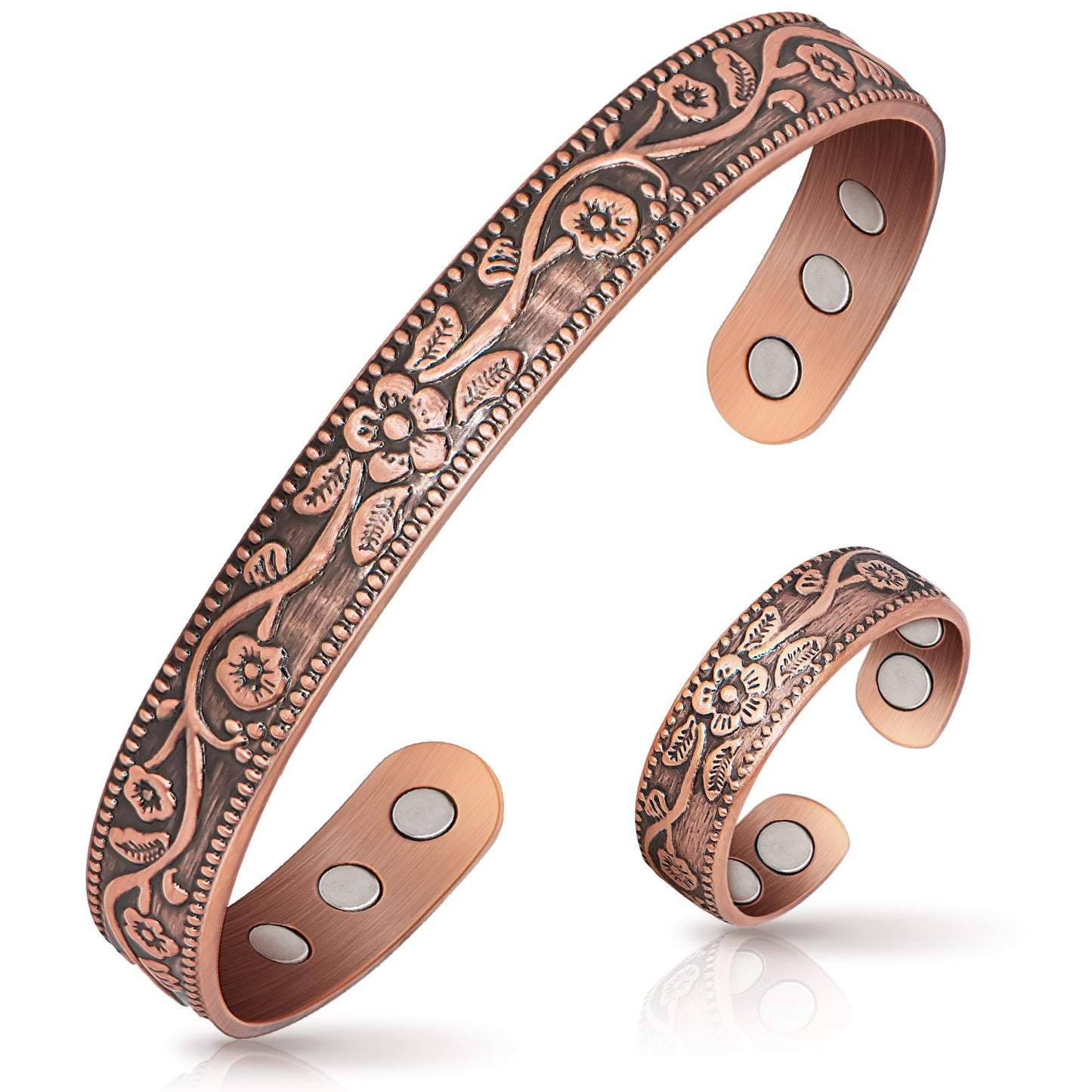 Copper Bracelet for Women & Lymphatic Drainage Ring, Adjustable 100% Solid Pure Copper Jewelry Gift with 6 Magnets, Vintage Unisex Wellness Design