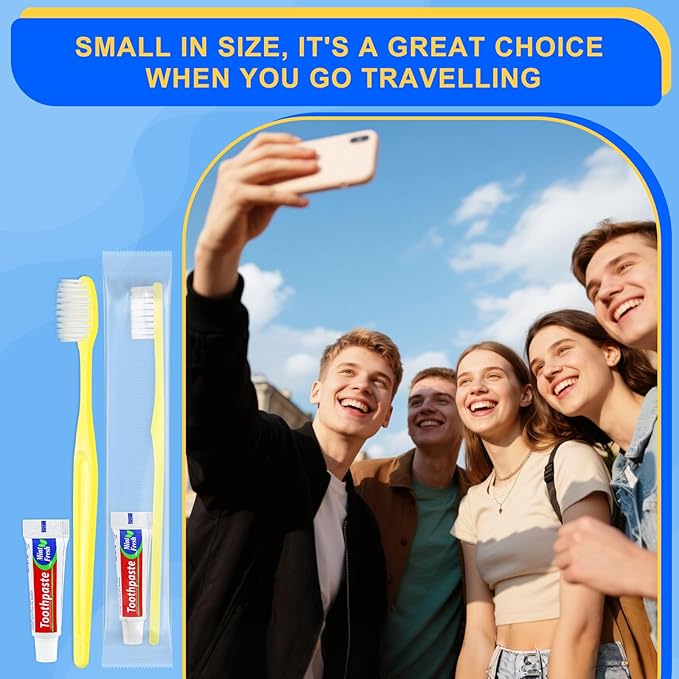Yellow Disposable Toothbrushes with Toothpaste - Pack of 50,Individually Wrapped Single Use Travel Toothbrushes Kit Bulk for Homeless,Guests,Hotel,Dentist