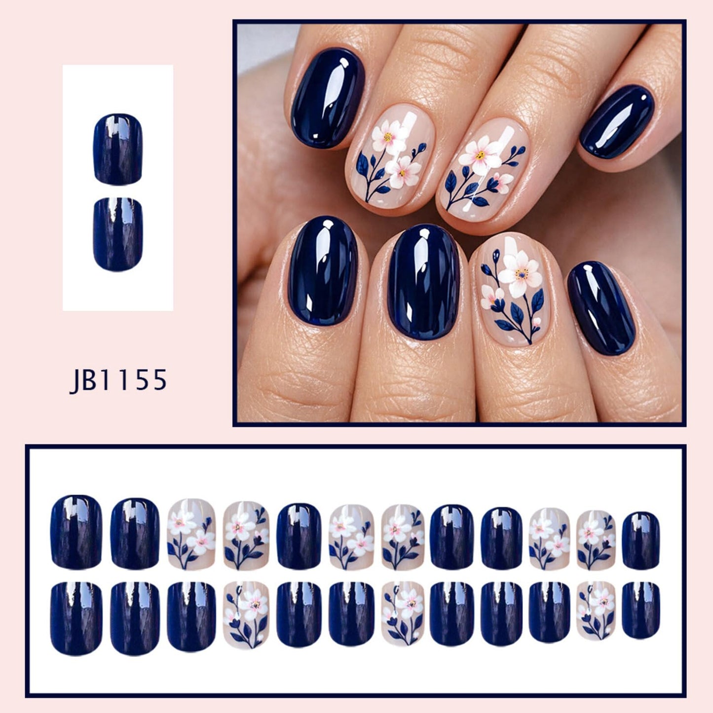 Floral Short Oval Press on Nails Soft Nude Navy Blue Base Pink White Floral Accents Glossy Finish Reusable Spring Nails Easy Apply Fashion Party Wear Durable Trendy Women Girls Nail Art 24 Pcs