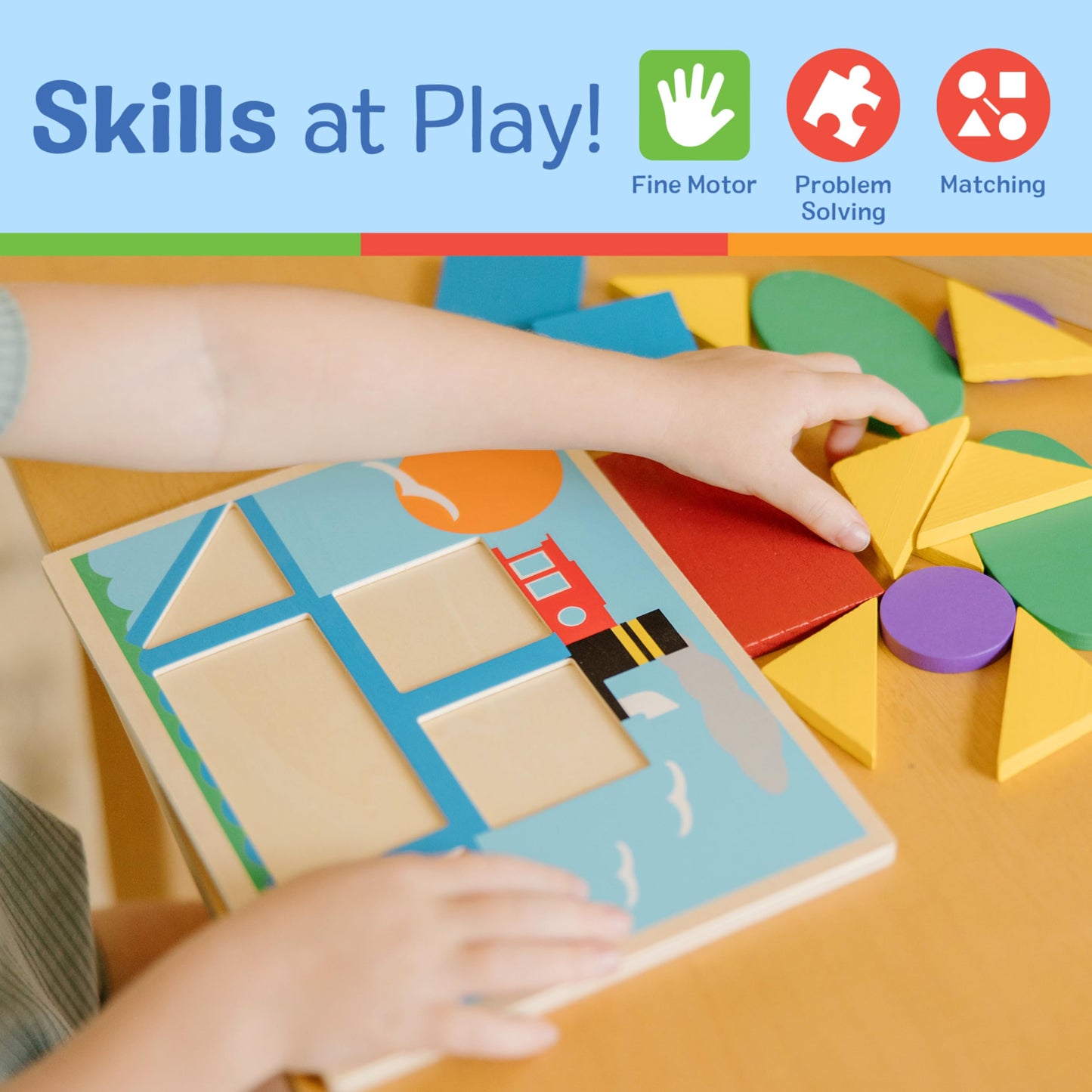 Melissa & Doug Beginner Wooden Pattern Blocks Educational Toy with 5 Double-Sided Scenes and 30 Shapes Puzzles for Kids 3+