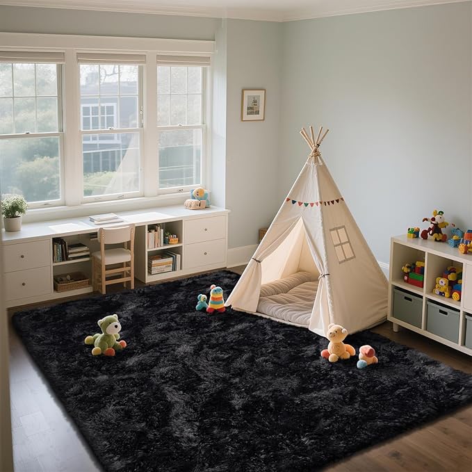 9X12 Large Shag Area Rugs for Living Room Bedroom,Big Soft Fluffy Rug for Bedroom Dorm, Indoor Carpet Nursery Rugs for Kids Girls Room Home Decor (Black, 9X12 Feet)