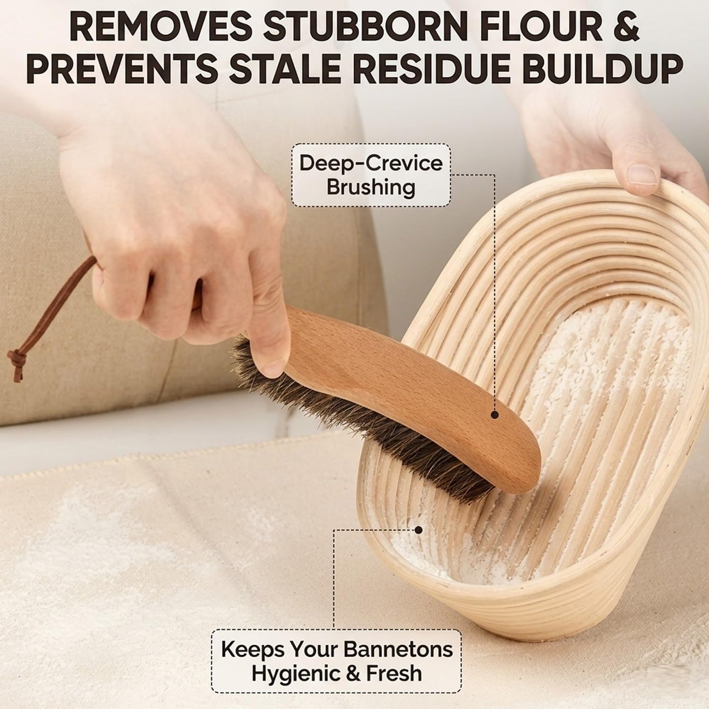 Sourdough Bread Proofing Basket Cleaning Brush, 100% Horse Hair Flour Brush with Ergonomic Beech Wood Handle, Professional Bench Brush for Baking, Banneton, Pastry Cloth & Countertop Cleaning