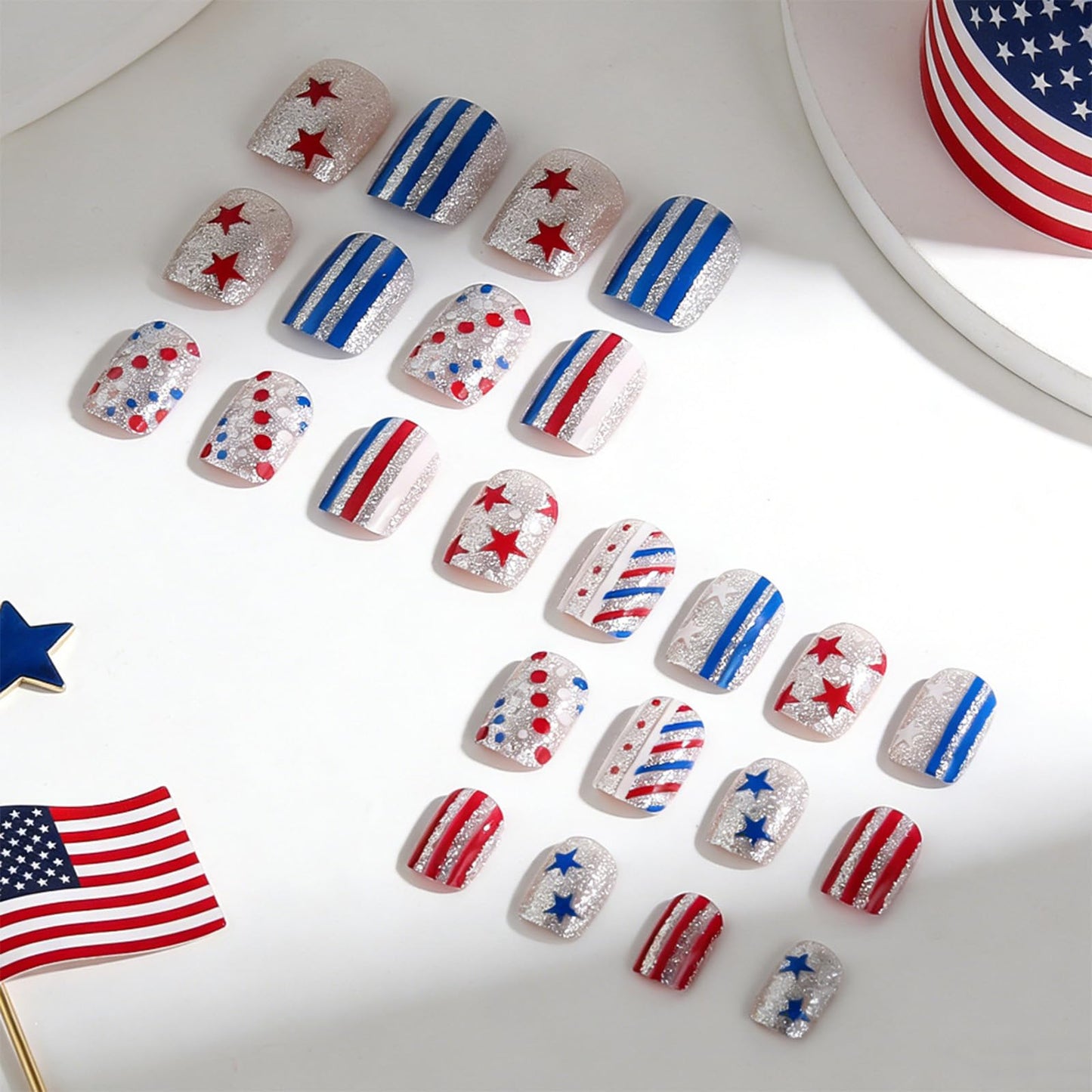 4th of July Press on Nails Short Square Fake Nails Silver Glitter False Nails with Polka Dot Star Stripes Design Independence Day Patriotic Nails Reusable Artificial Stick on Nail for Women 24Pcs