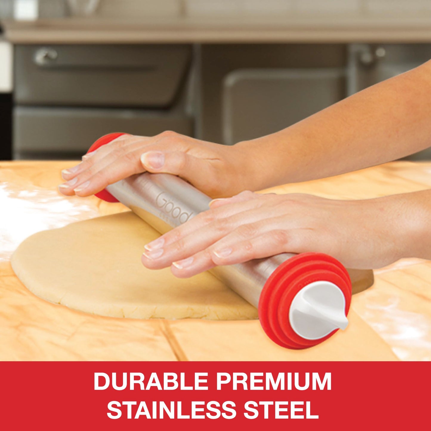 Adjustable XL Pastry Rolling Pin w/ 3 Spacer Rings- Adjust Dough Height for Consistent Thickeness- Heavy Duty NonStick Stainless Steel French Roller 17" Barrel- Bake Easter Cookies, Bread, & Pasta