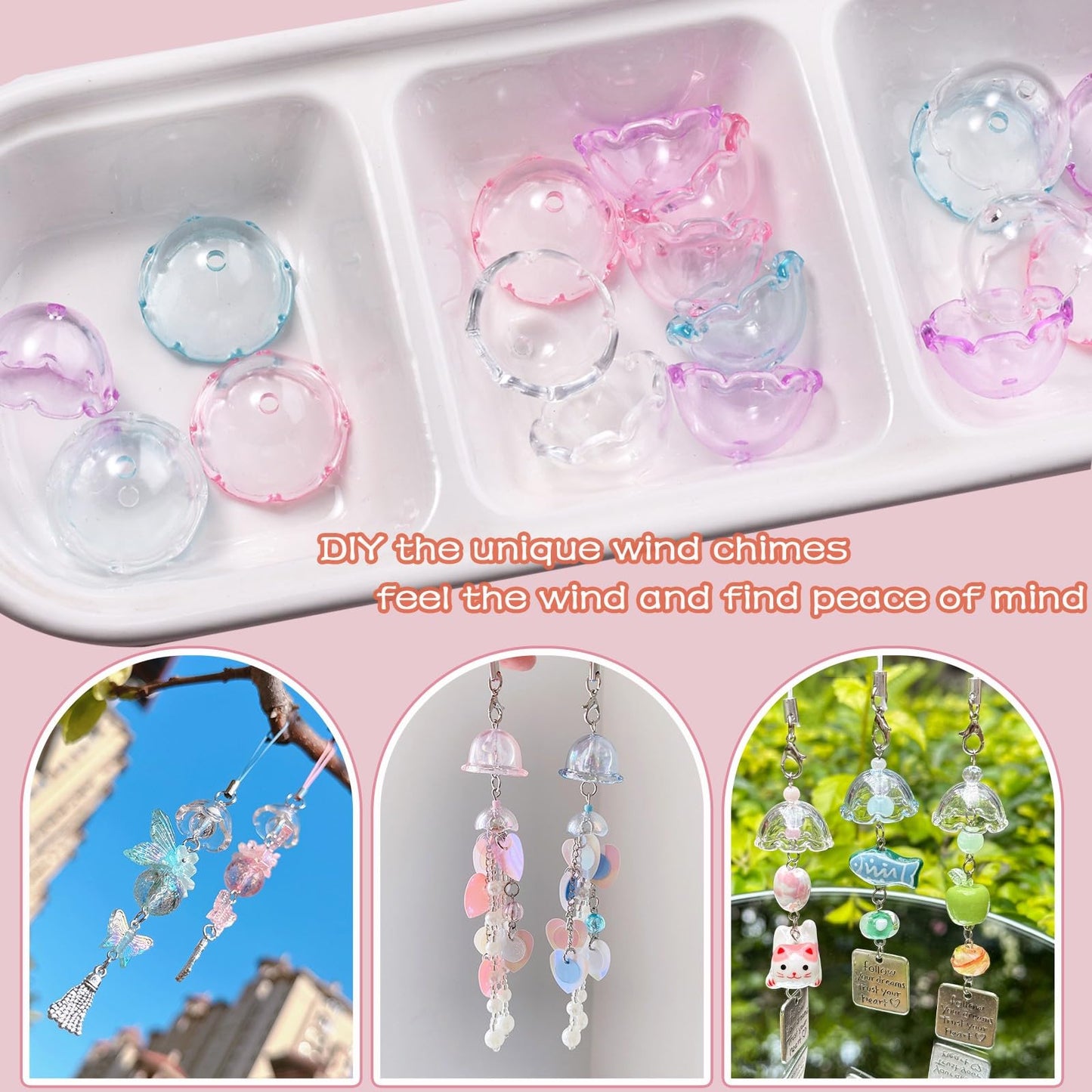 50Pcs Acrylic Clear Flower Bead Caps for Jewelry Making, Transparent Bell Charms, Semi-Round Floral Beads Bulk with Wavy Edge, Jellyfish Beads for Wind Chimes DIY Craft Key Chains-13 * 22mm