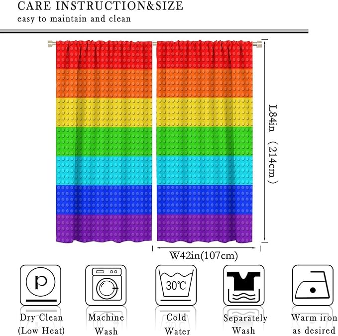 Colorful Building Block Toy Curtain Rod Pocket Children's Nursery Rainbow Contour Plastic Toy Brick Geometric Print Pattern Curtain Boys Girls Bedroom Playroom 2 Panels 84x84in