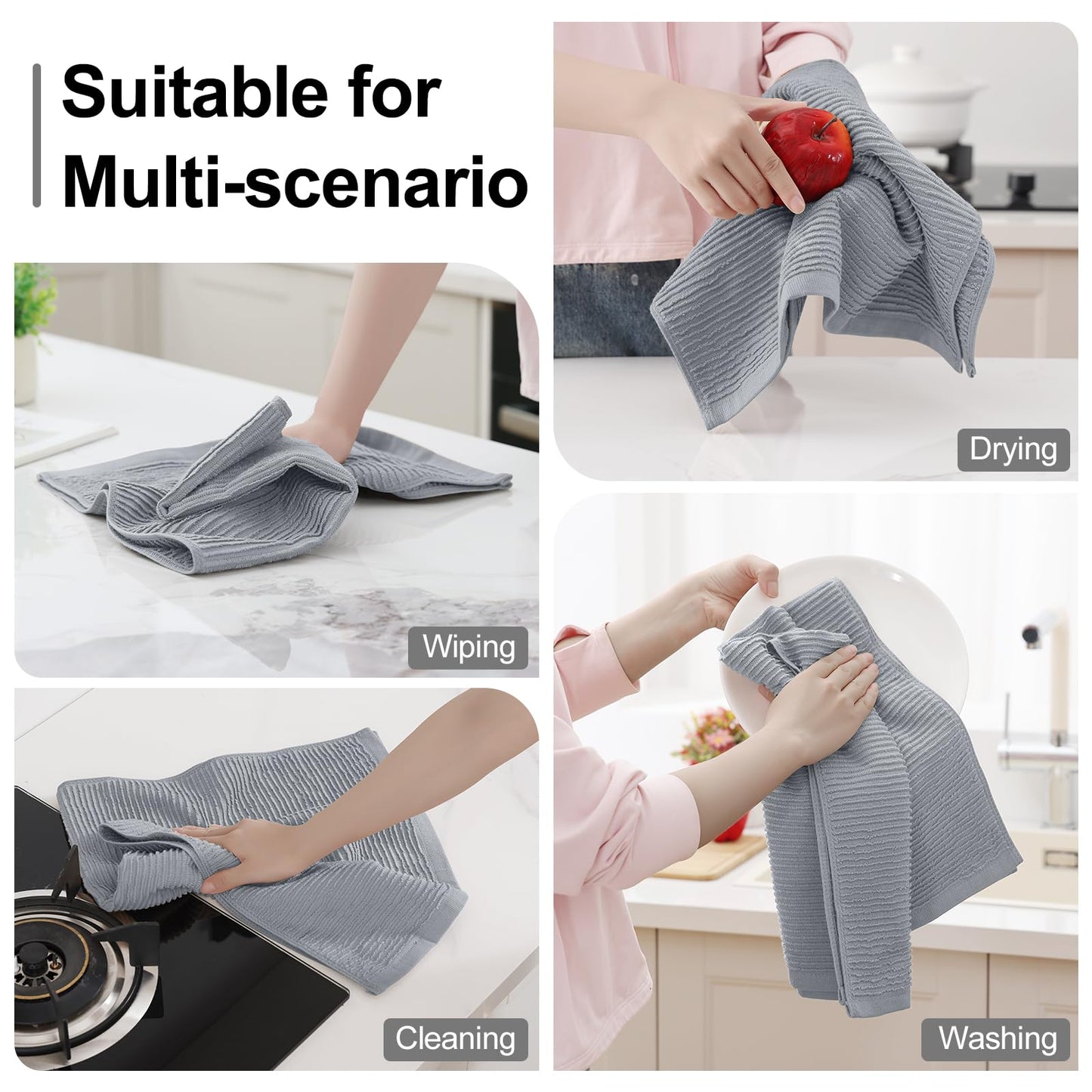 Homaxy Premium Kitchen Towels (18"x 28", 6 Pack), Large 100% Cotton Kitchen Hand Towels, Ultra Absorbent Ribbed Terry Tea Towels Set with Hanging Loop, Grey