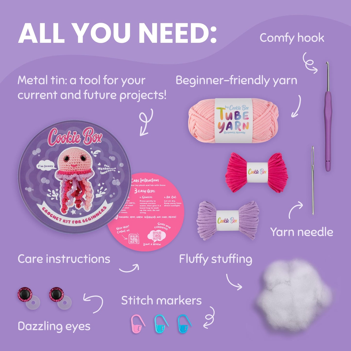 Cookie Box Original Crochet Kit for Beginners – Gift Set to Make Jellyfish Jenny Amigurumi Plushie – Easy DIY Crochet & Knitting Starter Kit with Video and PDF Tutorials