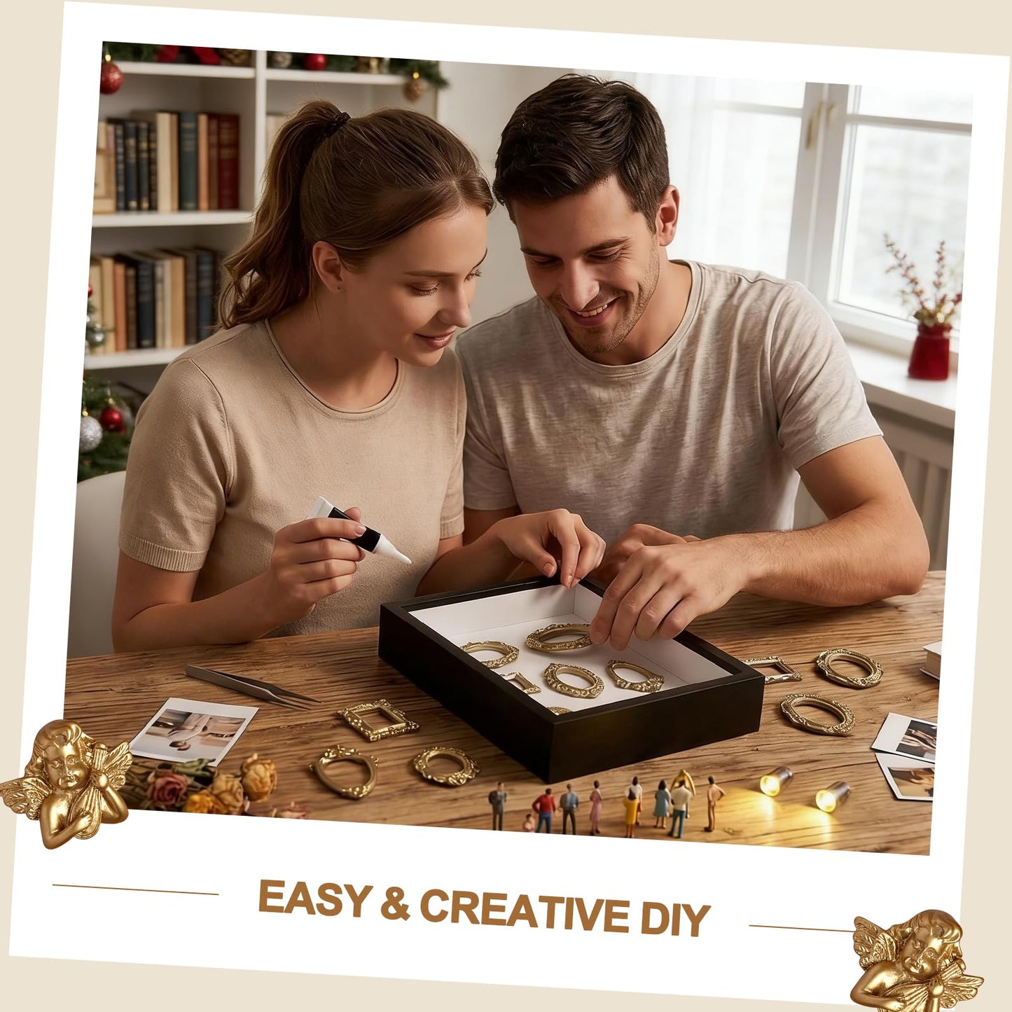 DIY Mini Museum Silhouette Box, Shadow Box Frame Kit with Gold Miniature Frames、Angel & Figurines, Custom Photo Family Memory Display Case Frame Set, for Anniversary, Wedding, Birthday & Home Decor