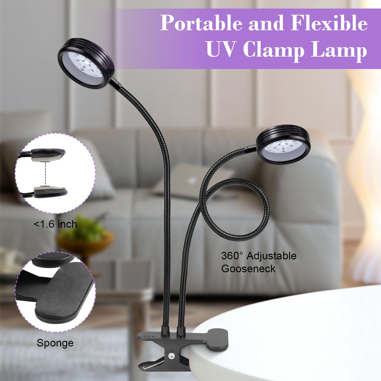 LEDLampsWorld USB UV Black Light Dual Head, 10W 395nm-405nm LED Lamp with Clamp, Gooseneck for Resin Curing, Blacklight, Posters, Paint Collection