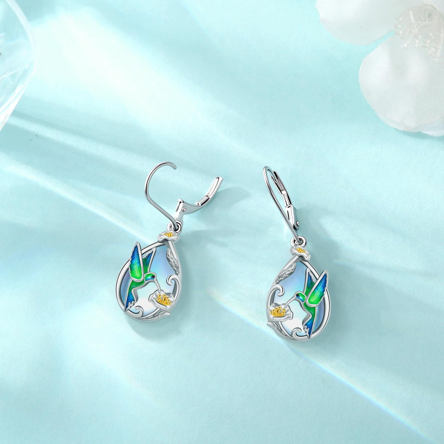 Eusense Sterling Silver Teardrop Moonstone Earrings Delicate Hummingbird Earrings for Women Floral Dangle Design Elegant Vintage Bird Jewelry Gift