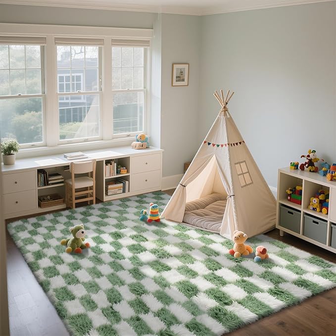 Area Rugs for Bedroom Living Room,5x8 Green and White Fluffy Soft Checkered Rug Fuzzy Shag Shaggy Carpet, Indoor Plush Floor Rugs for Kids Boys Girls Teen Dorm Nursery Home Decor