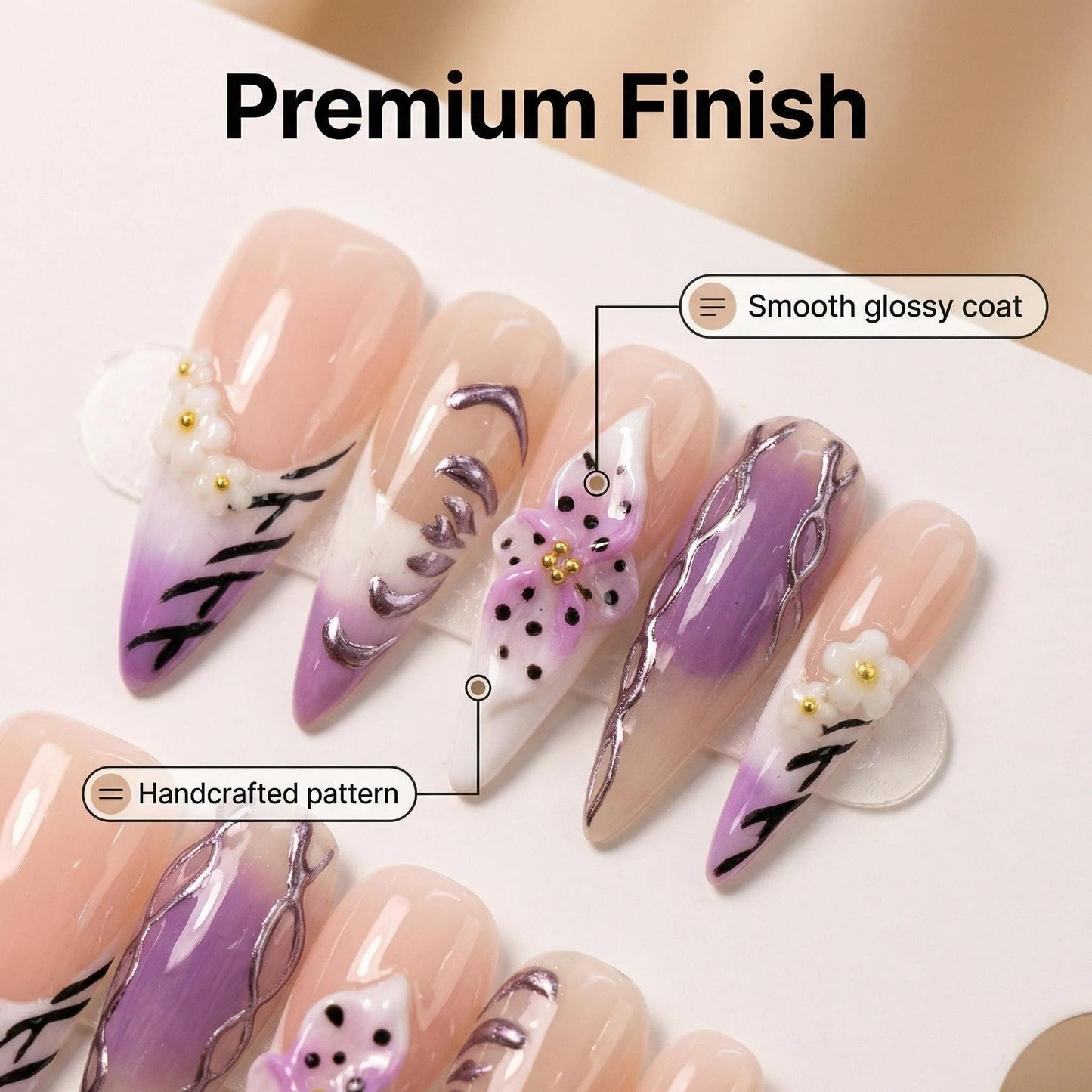 10pcs Handmade Press on Nails Long Stiletto False Nails Purple French Tip Fake Nails with 3D Flower Designs Sparkly Charm luxury Artificial Nails for Women (Size M）