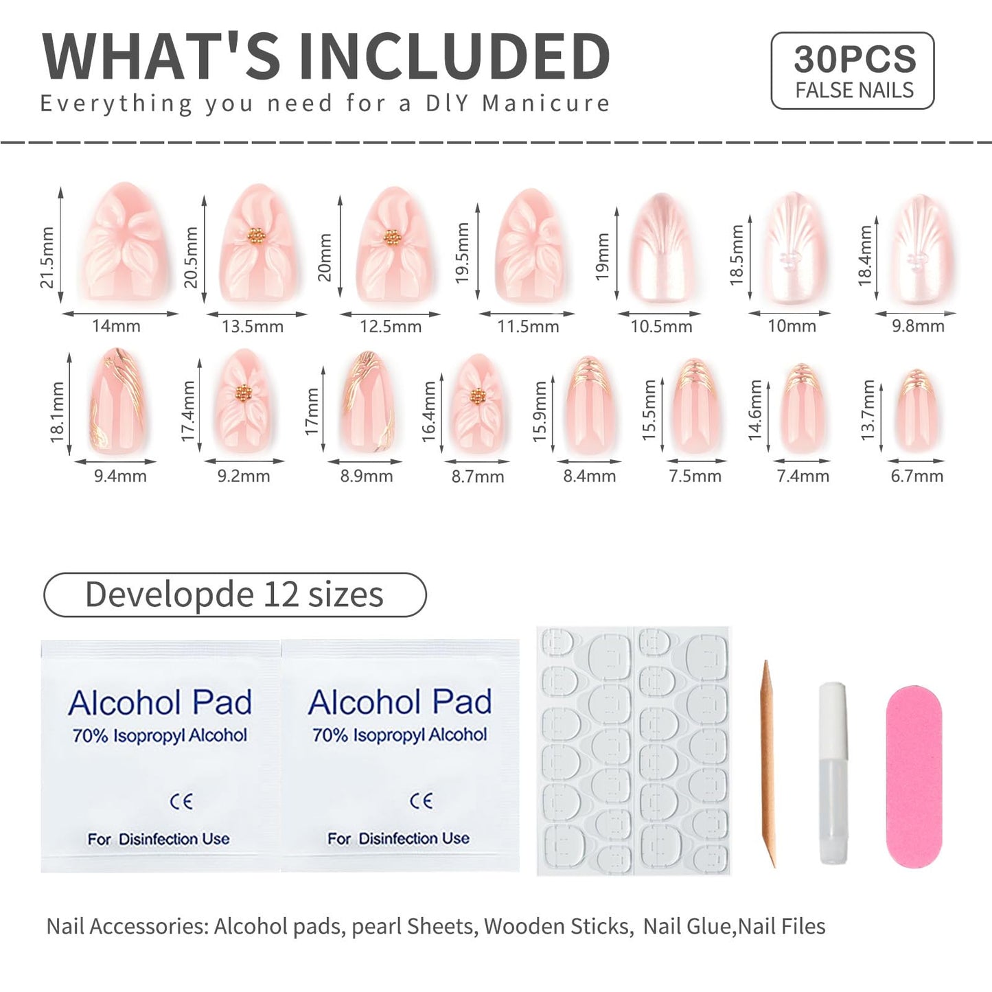 Mivota Short Press On Nails Almond – 3D Floral & Pearl Accent Nude Pink Fake Nails, 30Pcs Reusable Acrylic Stick On Nails with Gold Details, Glossy Soft Gel Look, DIY Manicure Kit for Women