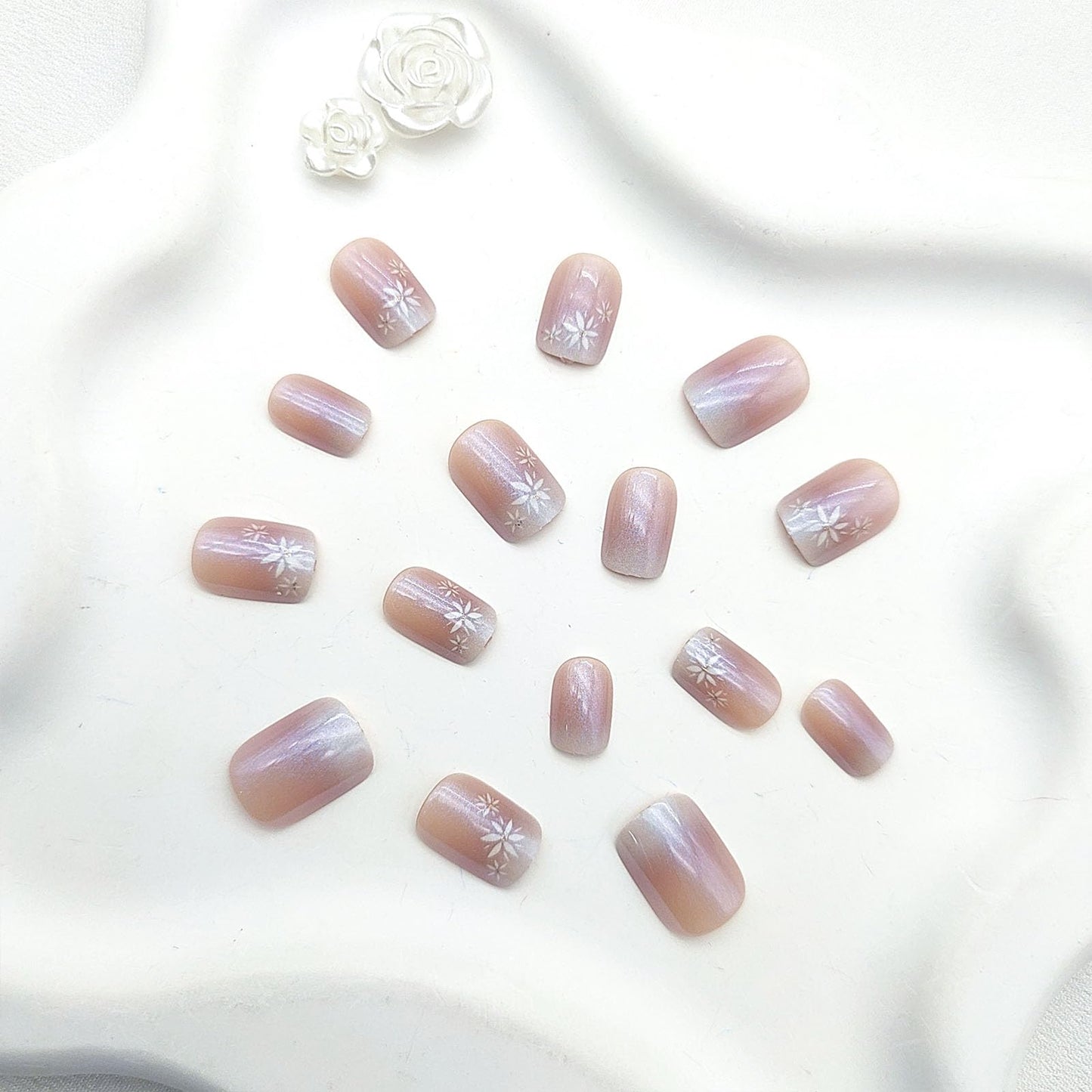 Gradient Press on Nails Short Square Fake Nails with Purple Chrome Flower Designs Nails Press ons White Nude Ombre Glue on Nails Glossy Acrylic Nails Cute Stick on Nails for Women 24Pcs