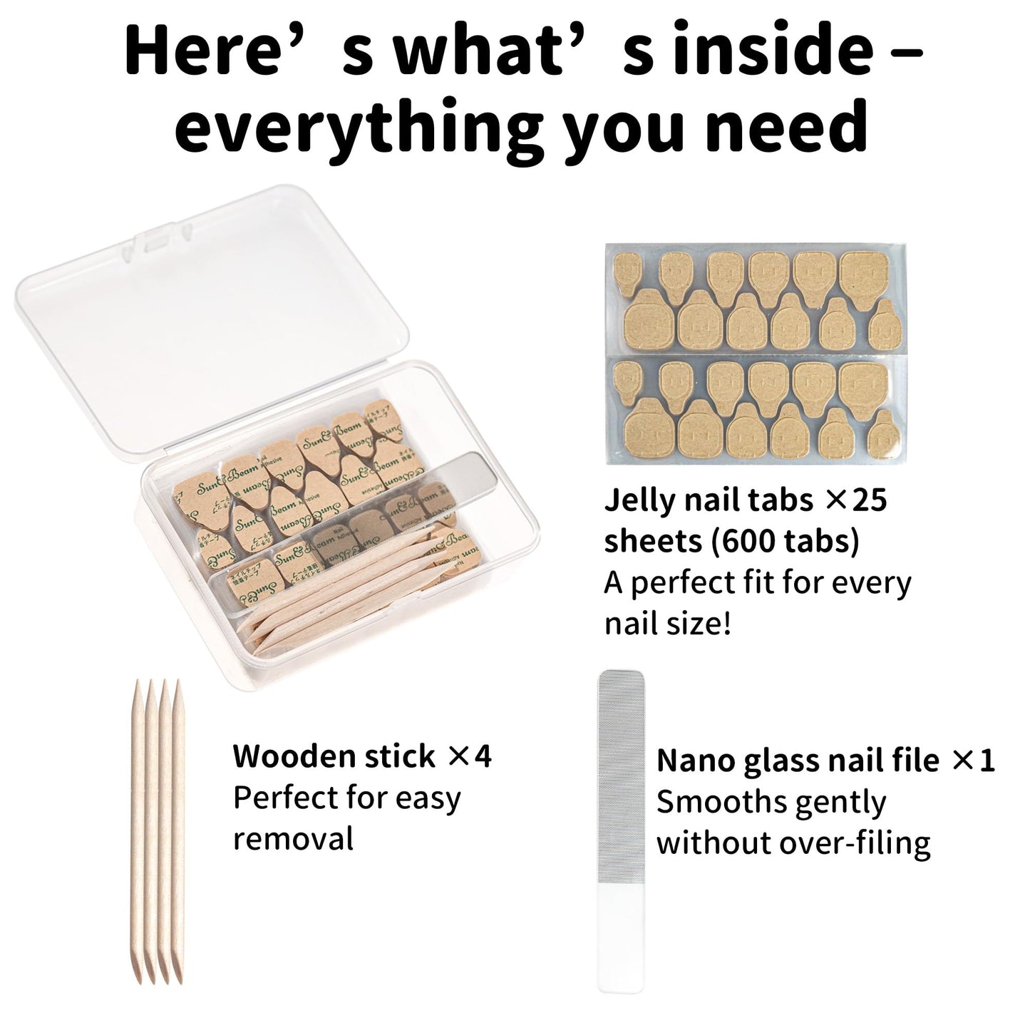 Sun&Beam Nails Jelly Nail Tabs for Press-On Nails 0.3mm Ultra-Thin Waterproof Adhesive 600pcs Strong Hold Double Sided Tabs for Finger (Tool Set with Case)