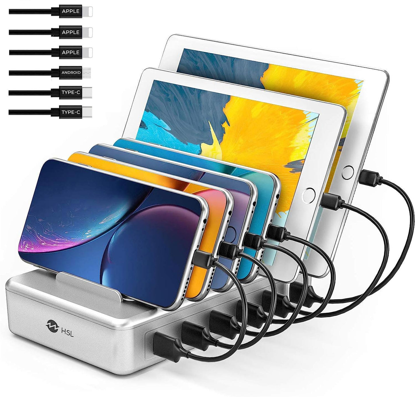 Charging Station for Multiple Devices - 6 Port Multi USB-A Charger Stations Multi-Device Organizer Charging Dock for iPhone iPad Android Cell Phone Tablets with 6 Mixed Cables Included(UL Certified)