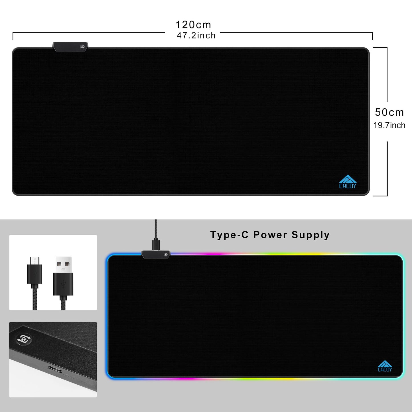 Cacoy 48" x 20" RGB Gaming Mouse Pad XXL, Large LED Mouse Mat with 9 Lights Modes, Lighting Up Desk Mat for Keyboard and Mouse, Extended Desk Pad Protector, Non-Slip Base Mousepad Accessories, Black
