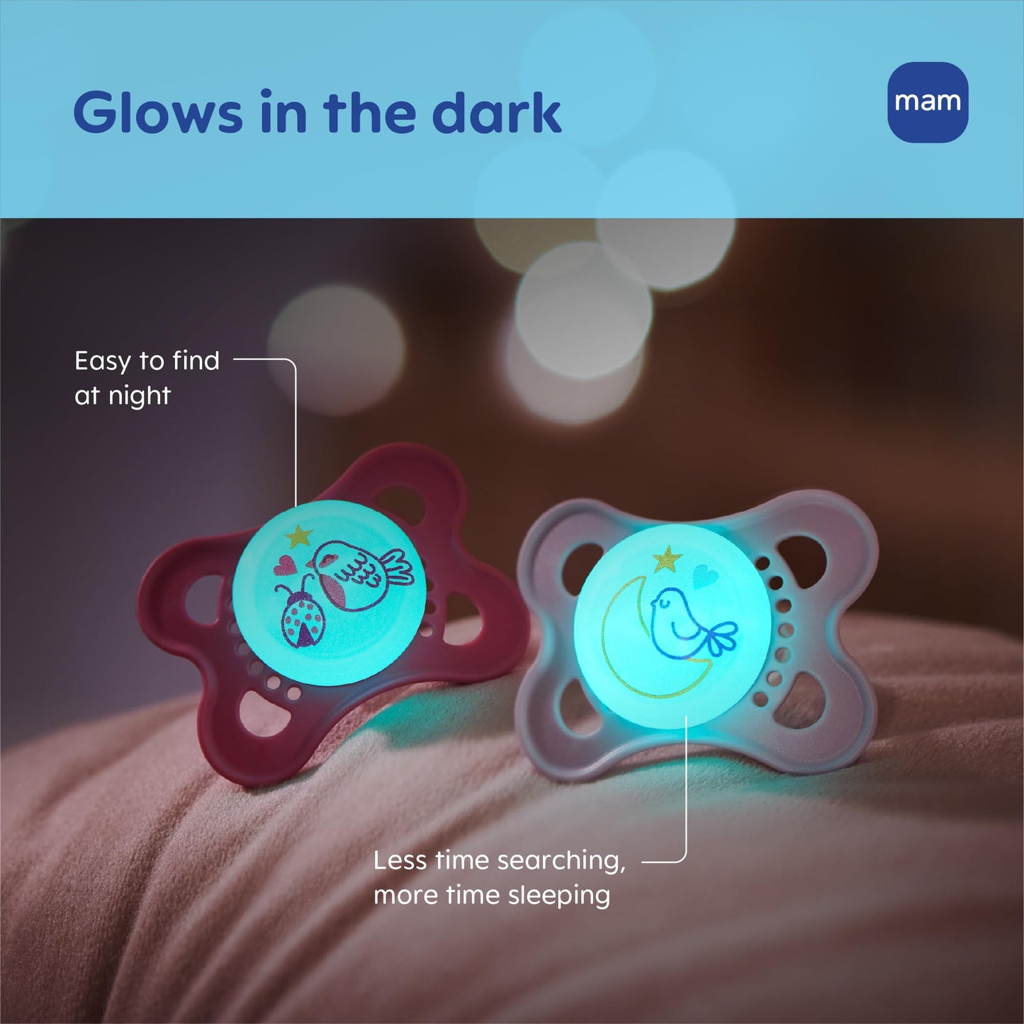 MAM Original Baby Pacifiers 0-6 Months, Binky for Newborn Babies, BPA-Free Skin Soft Silicone Nipple, Glows in The Dark, Developed with Medical Experts, 4 Count, Made in Europe