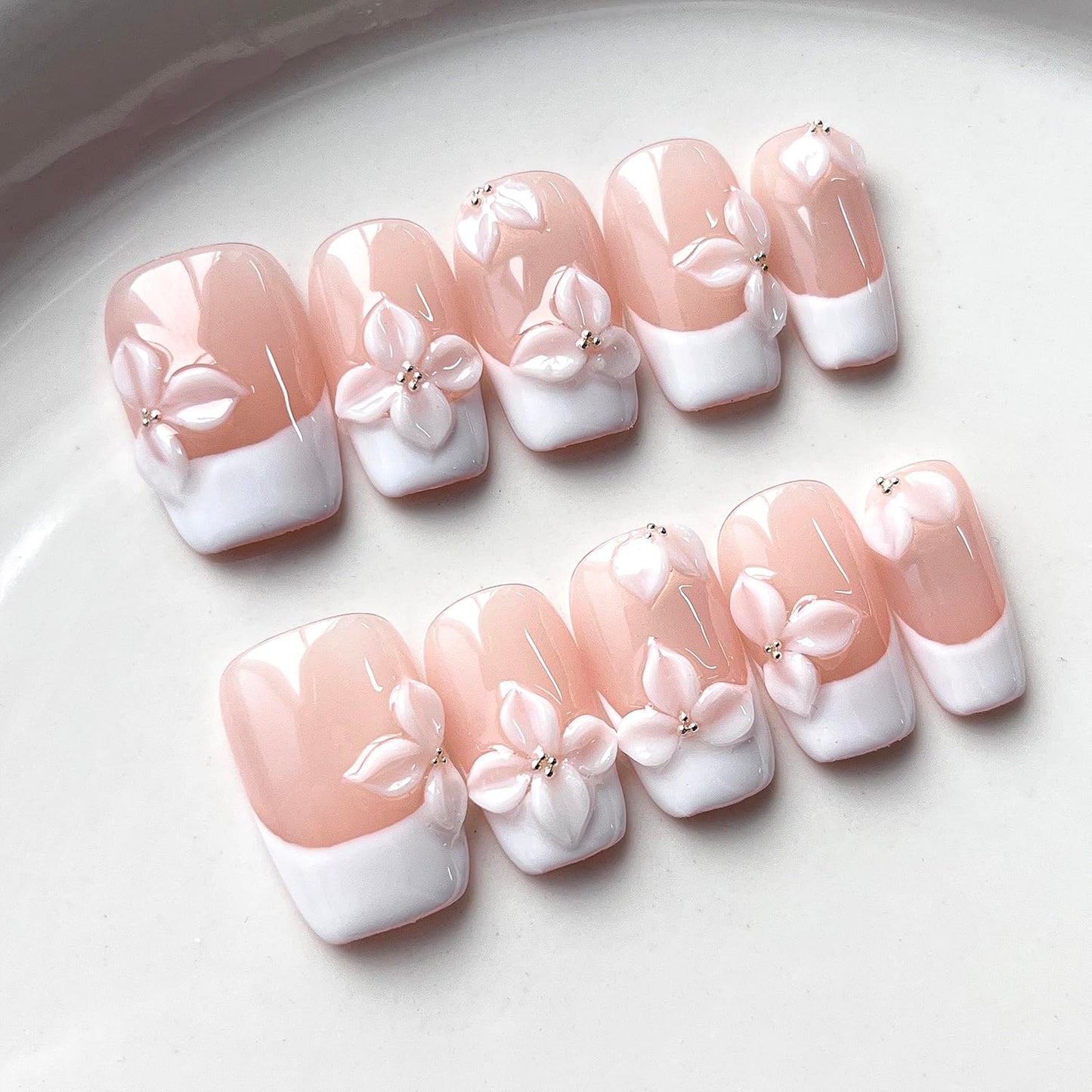 Handmade Press on Nails Short Coffin White French Tip Thick Acrylic Fake Nails 3D Floral False Nails with White Flower Embossed Designs Elegant Sturdy Nail Art Press on Nails 10Pcs(S)