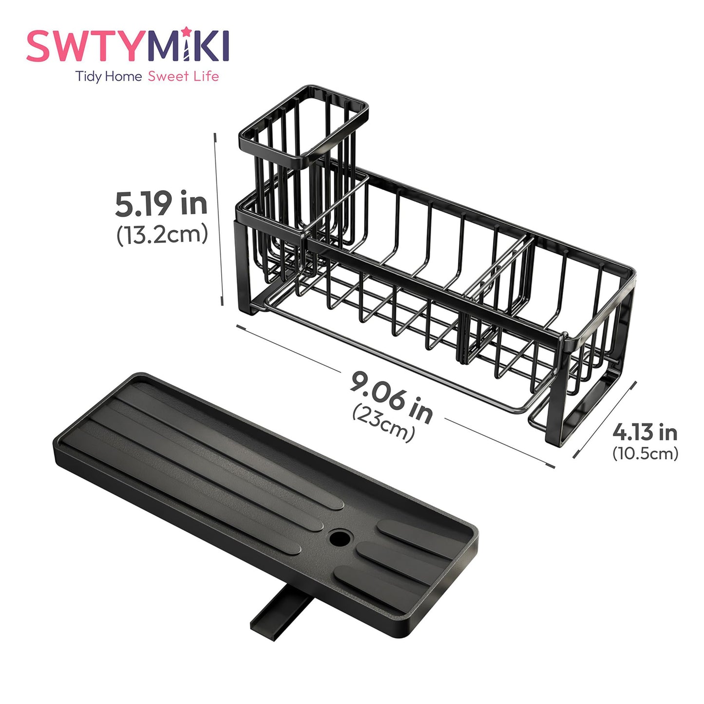 SWTYMIKI Sponge Holder for Kitchen Sink - Sink Caddy with Brush Holder Self-draining Sponge Caddy Organizer with Divider Stainless Steel Kitchen Accessories Storage for Countertop, Black