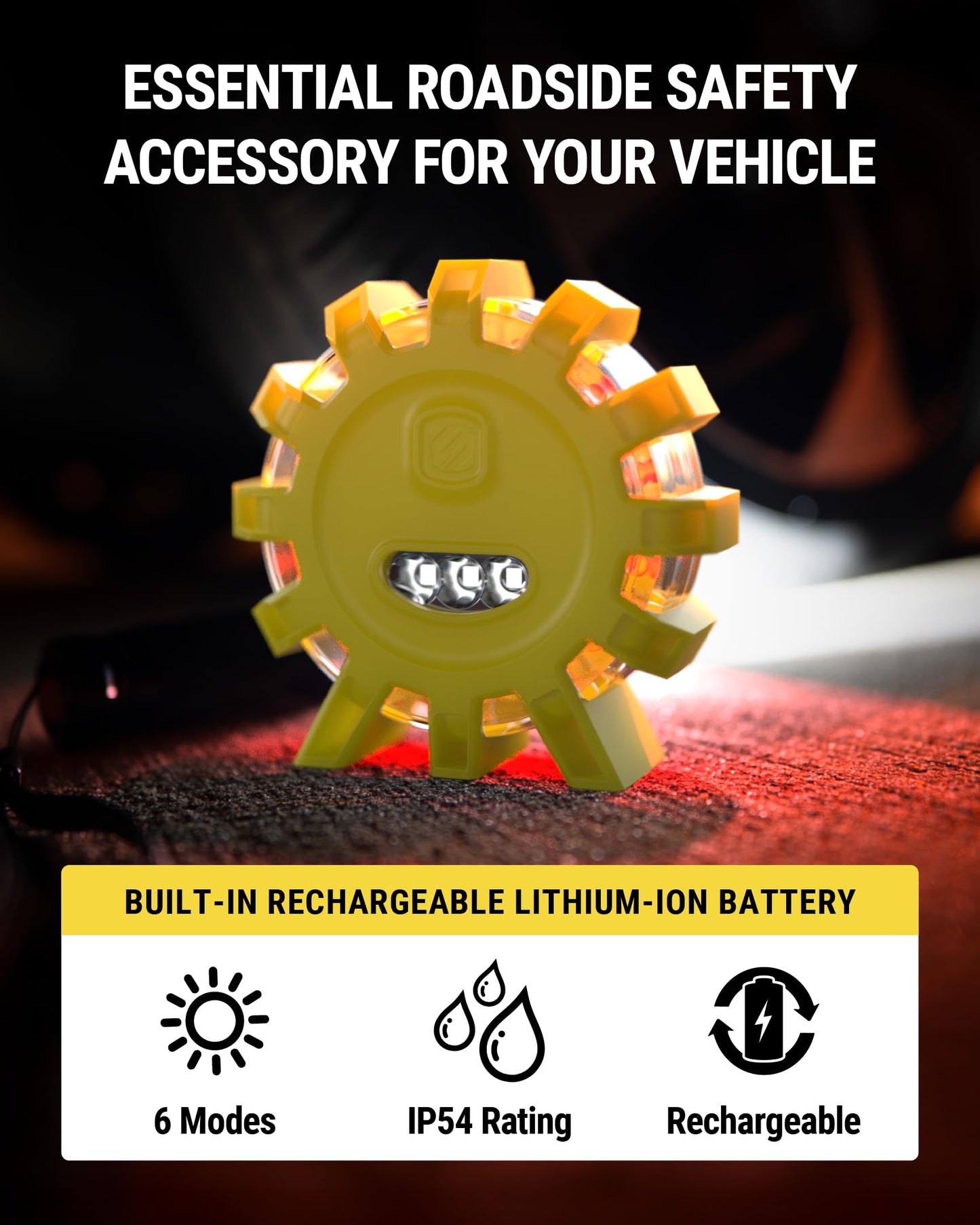 Scosche ScoFlare LED Road Flares, Emergency Roadside Kit for Car with 2 Emergency Lights Equipped with 6 Flashing Safety Modes, Flashlight, Rechargeable Battery, Magnetic Base and Hanging Hook, 2 Pack