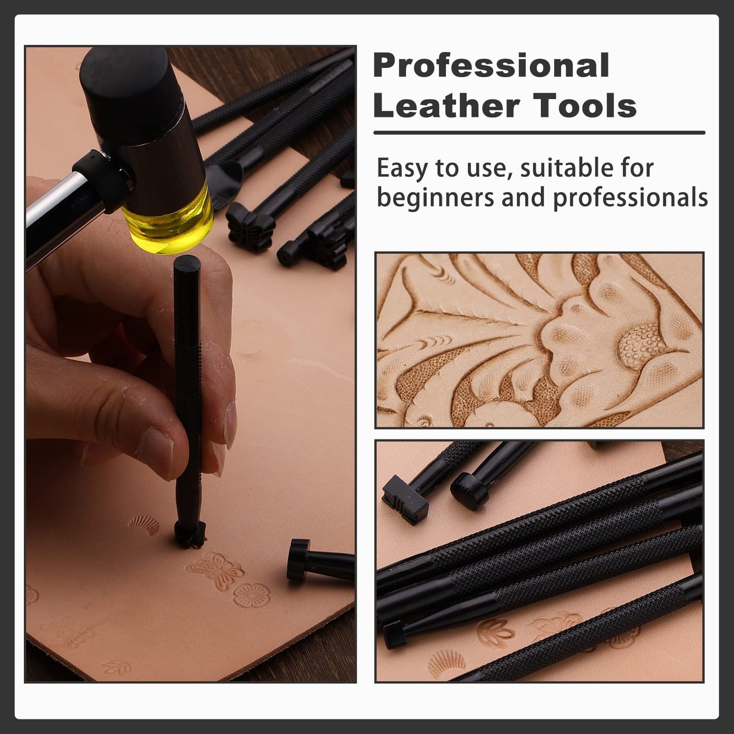 Wonvoc 21 Pcs Leather Stamp Set, Leather Stamping Kit with 20 Patterns, Leather Design Tools, Leather Stamping Tools Geometric, Leathercraft Stamping Tools with Mallet for DIY Leather Crafts
