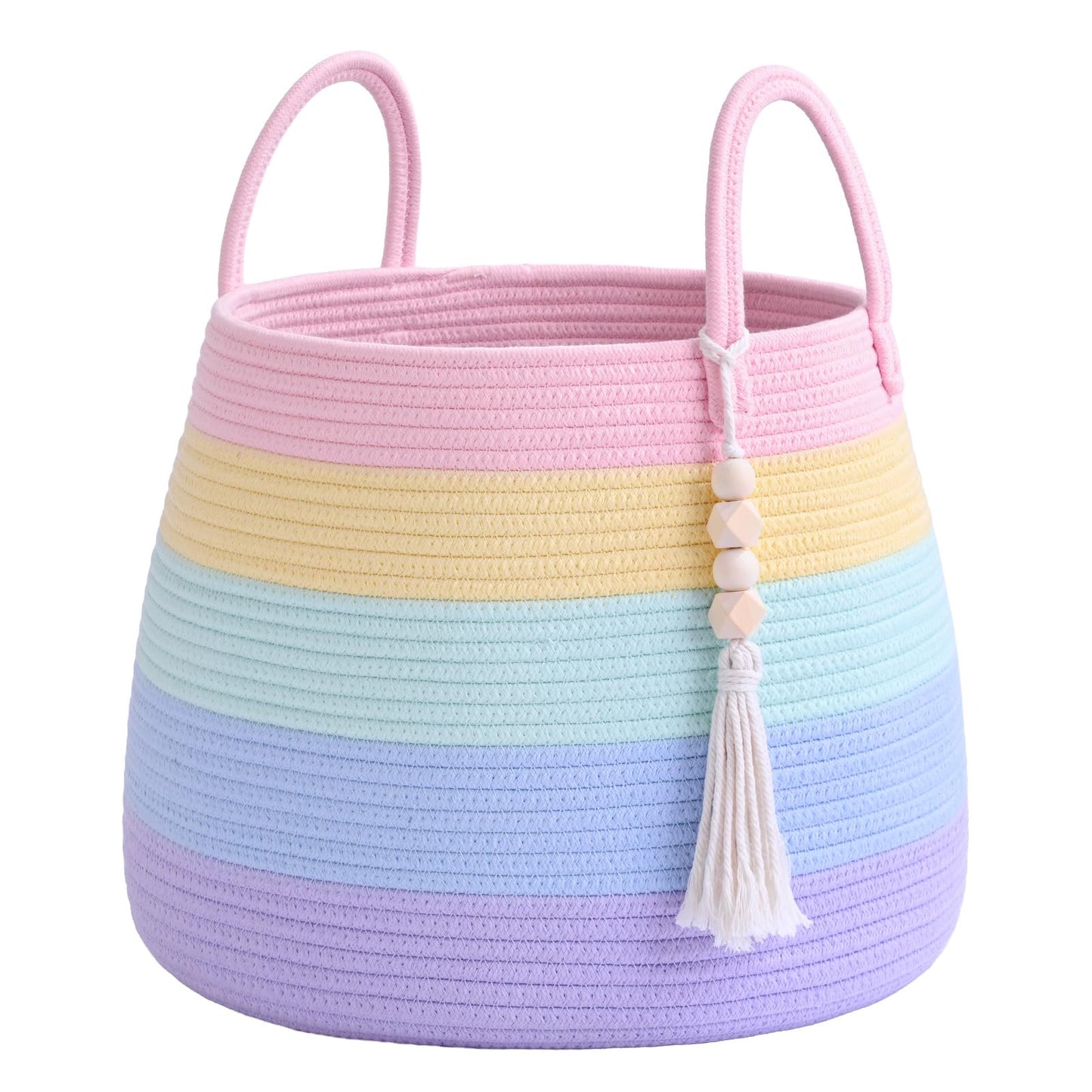 Degeyoyo Large Nursery Hamper, 30L Blanket Basket with Handle, Baby Laundry Basket for Gift, Toy, Clothes, Woven Storage Basket with Wooden Bead Decor, Baby Hamper for Nursery(Rainbow)