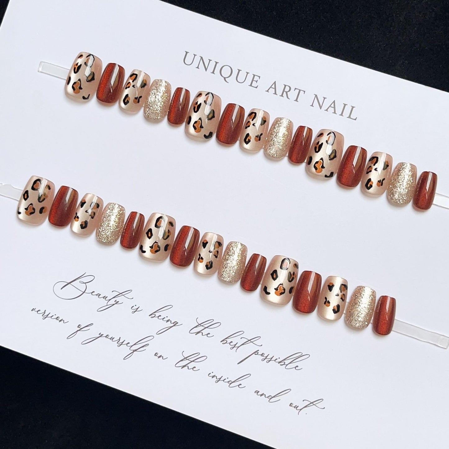 Set of 24 Wearable Short T-Shaped Detachable Nail Patches in Burgundy and Nude Shade with Glitter Leopard Print Design