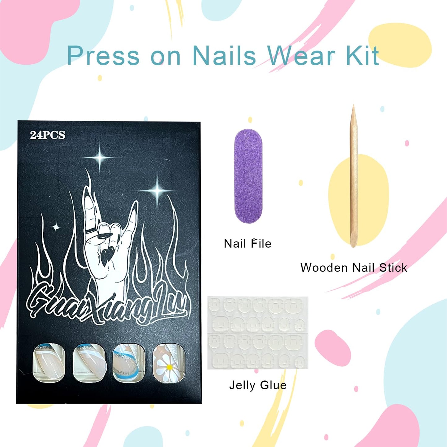 White Daisy Press on Nails Medium Almond Fake Nails with Glitter Blue Stripe Designs Blue French Tip False Nail Spring Summer Flowers Stick on Nail for Women 24Pcs