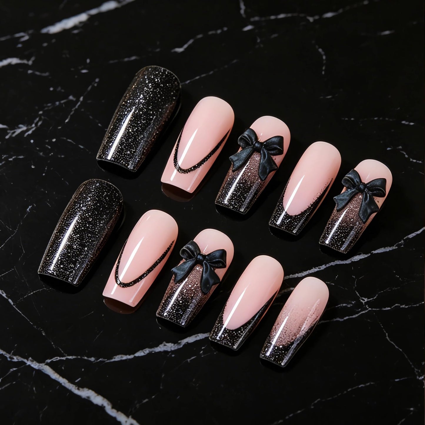 BABALAL Press On Nails, Long Square Fake Nails, Black French Tip, Bow Charm & Glitter Design, Gothic Trendy Glossy Full Cover Glue On Nails For Women And Girl 24Pcs