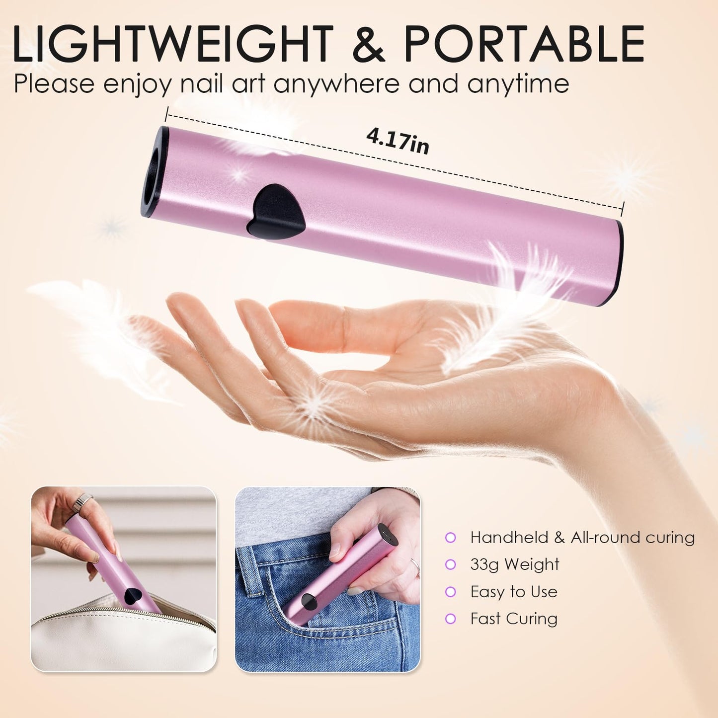 Linssy 10W Handheld UV Light for Gel Nails Mini Nail Lamp with USB Rechargeable Flash Cure Lamp Art for Gel Polish, 3D Nail Art & Home Use (Pink)