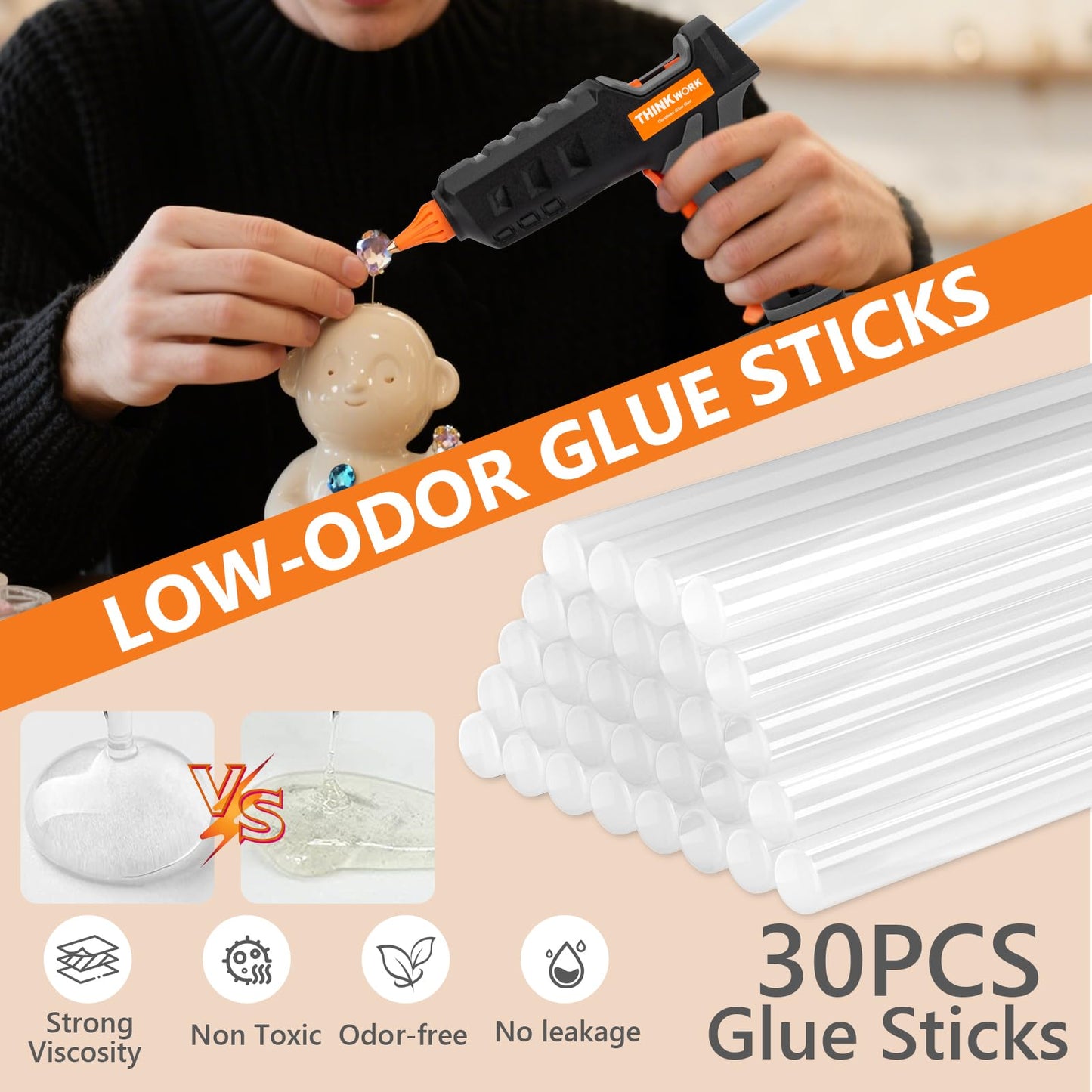 THINKWORK 20V Cordless Hot Glue Gun and Sticks Set, Rechargeable Glue Gun with 30 PCS Full Size Sticks and Battery, Fast Heating for Arts & Crafts, DIY Projects and Home Repairs