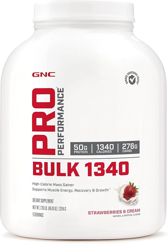 GNC Pro Performance Bulk 1340 Mass Gainer Protein Powder, 50g, Gluten Free, Whey, Creatine, BCAA, 3rd Party Tested, Muscle Recovery & Growth, Micronutrients, Strawberries and Cream, 9 Servings