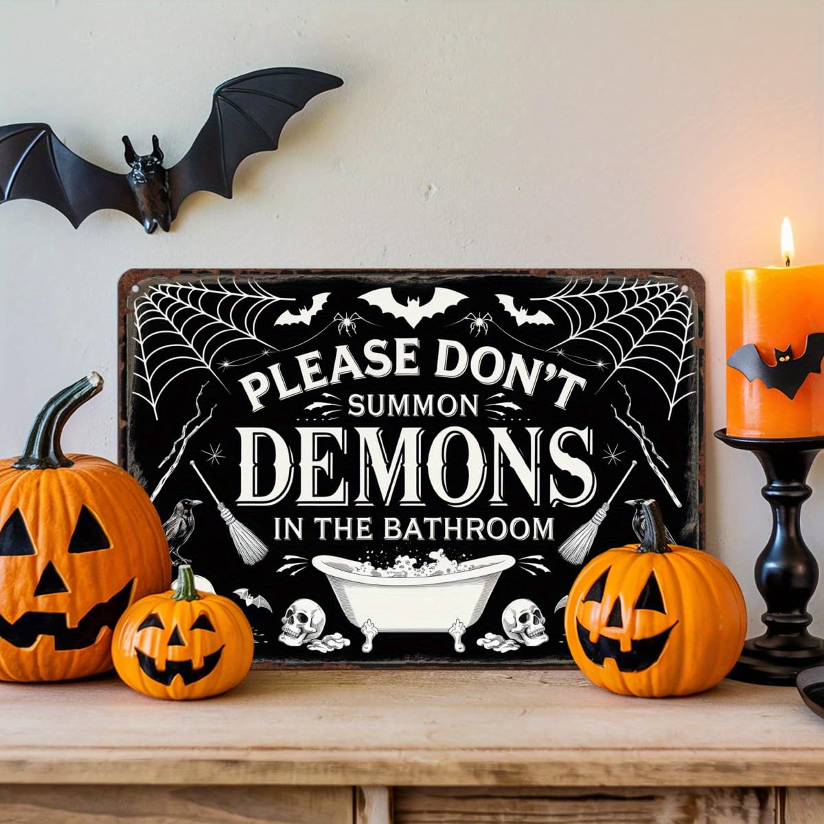 Please Don't Summon Demons in the Bathroom Halloween Retro Metal Tin Sign Wall Art Decor for Bathroom Home Halloween Party Indoor Wall Decor 8x12 Inch