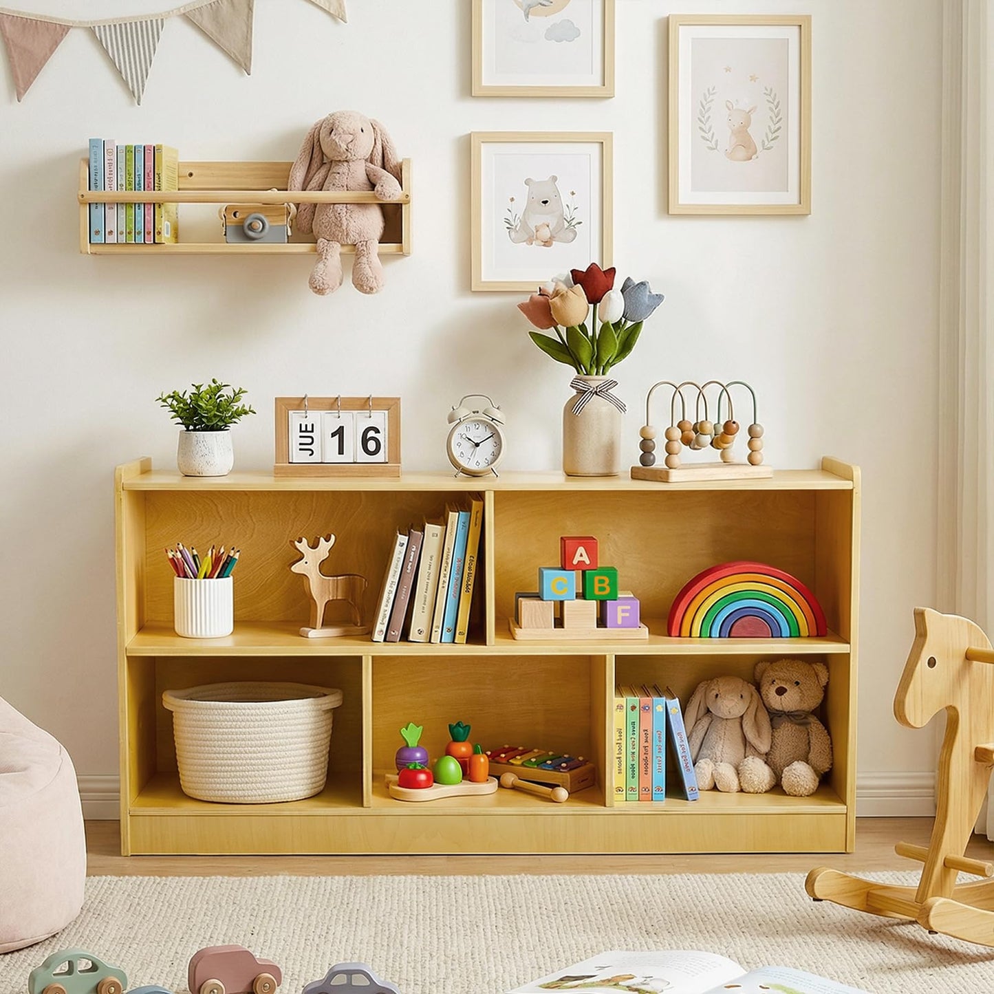 STEPLAY Montessori Shelf, Wooden Toy Storage Organizer with 2-Tier Shelf & 5-Section Storage Cabinet, Kids Bookshelf/Bookcase for Toddler Playroom, Nursery, Classroom(Natural)